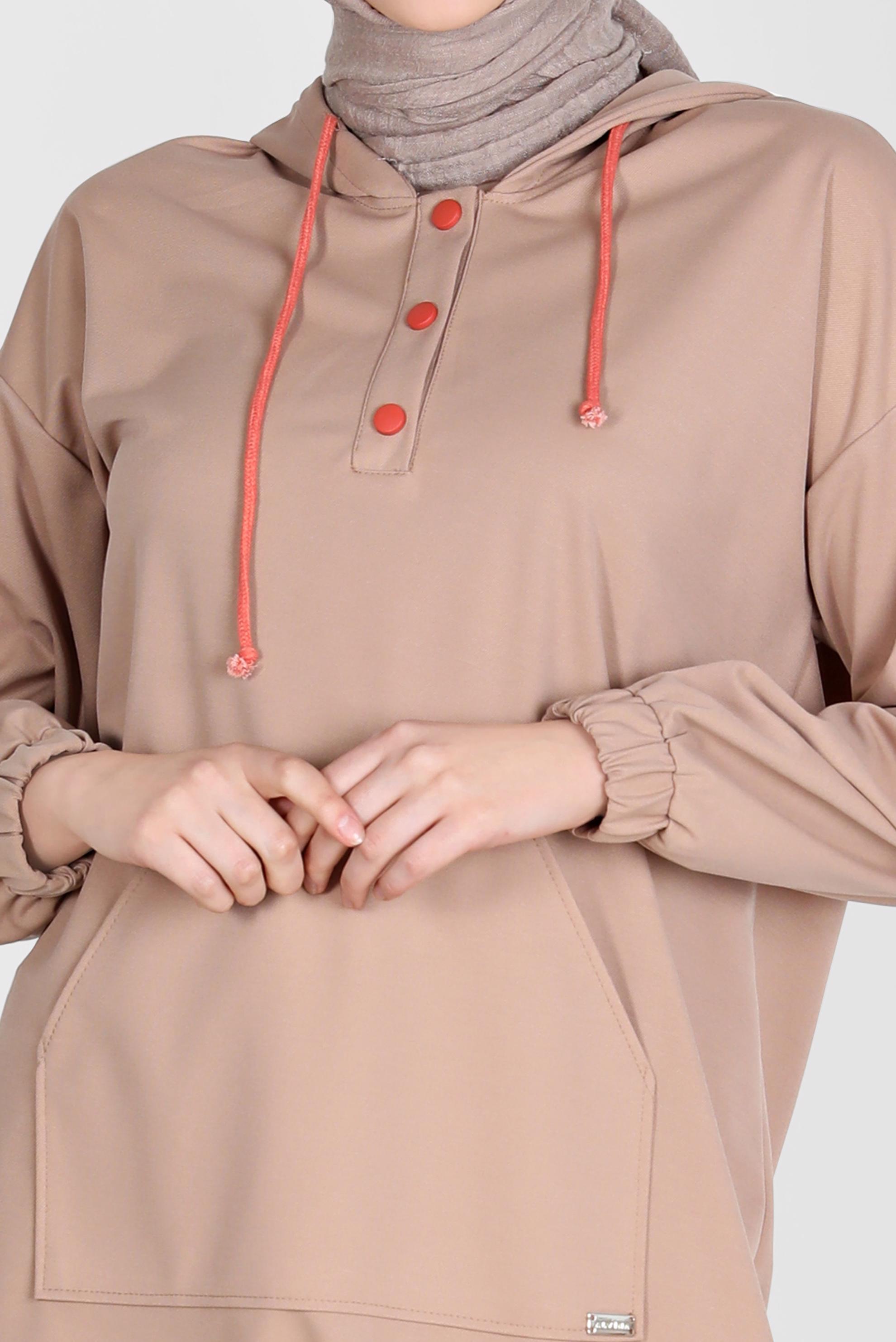 Tesettür giyim KAHVE ÇITÇITLI KAPÜŞONLU EŞOFMAN TUNİK 42651 