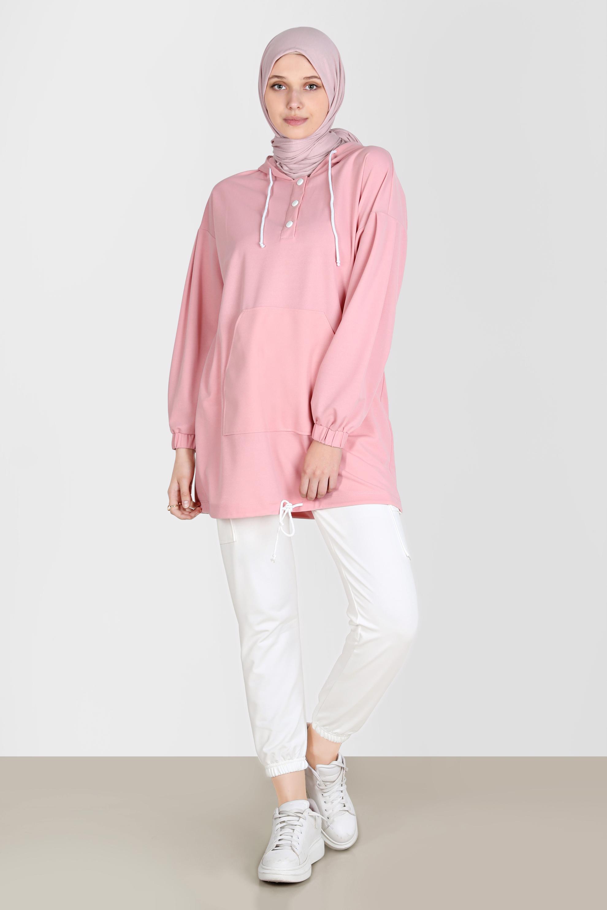 Tesettür giyim PUDRA ÇITÇITLI KAPÜŞONLU EŞOFMAN TUNİK 42651 