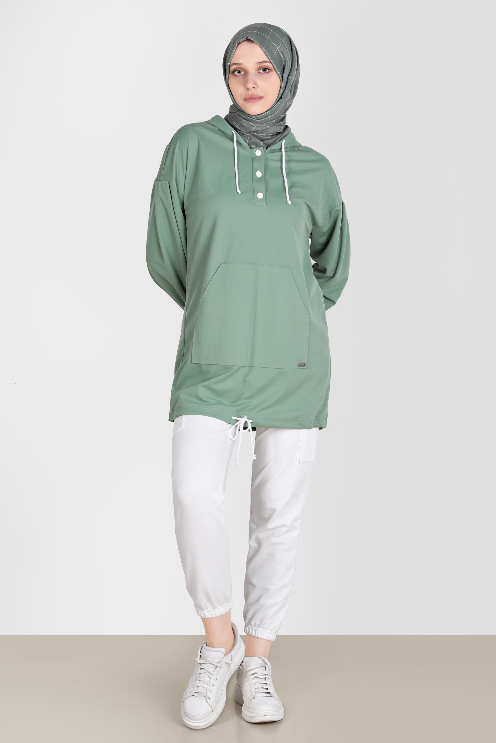 Tesettür giyim YEŞİL ÇITÇITLI KAPÜŞONLU EŞOFMAN TUNİK 42651 