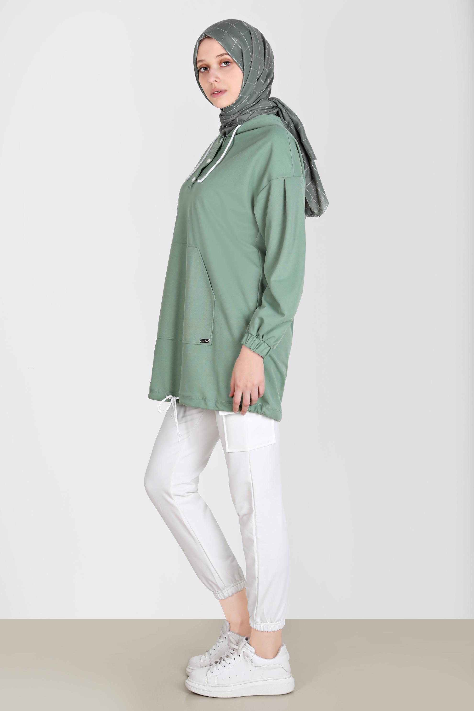 Tesettür giyim YEŞİL ÇITÇITLI KAPÜŞONLU EŞOFMAN TUNİK 42651 