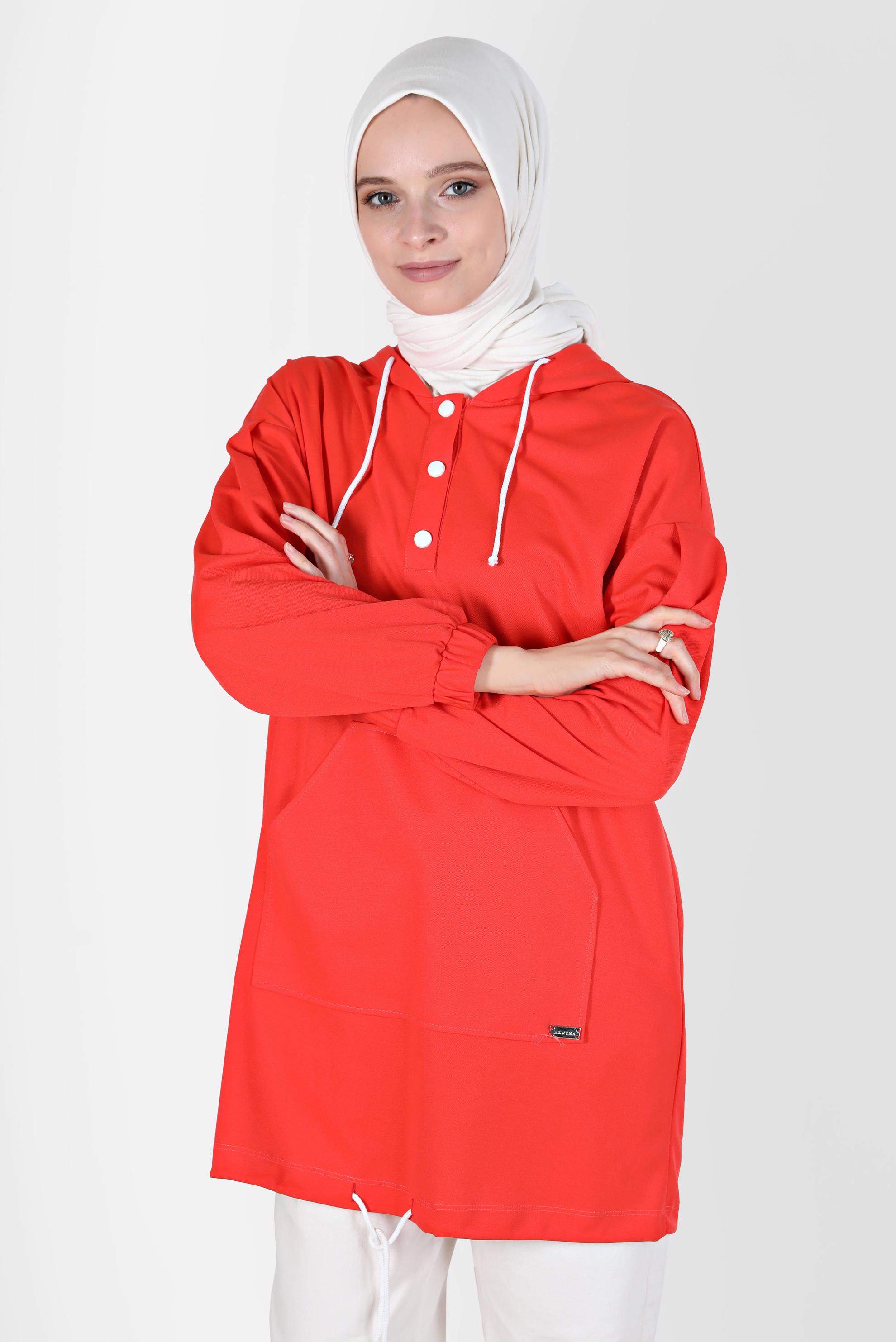 Tesettür giyim KIRMIZI ÇITÇITLI KAPÜŞONLU EŞOFMAN TUNİK 42651 