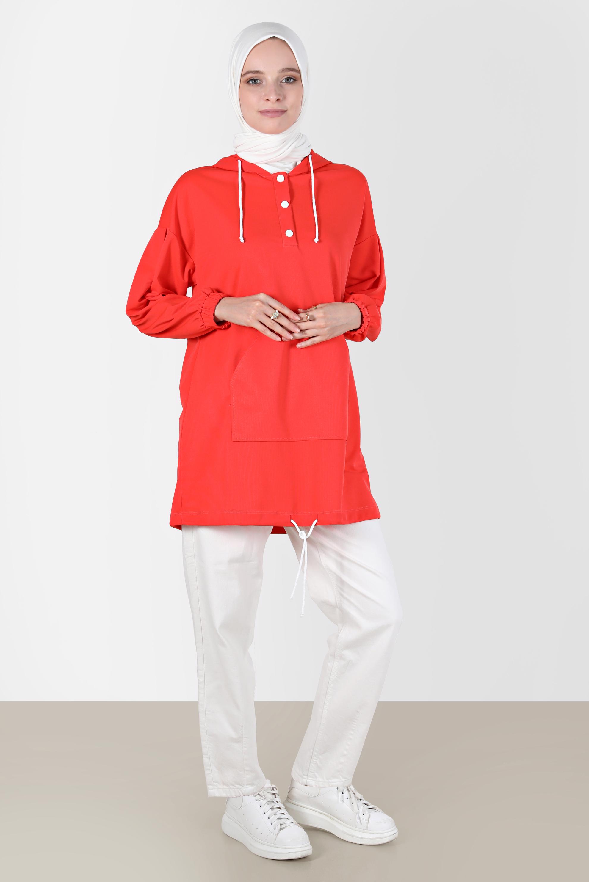 Tesettür giyim KIRMIZI ÇITÇITLI KAPÜŞONLU EŞOFMAN TUNİK 42651 