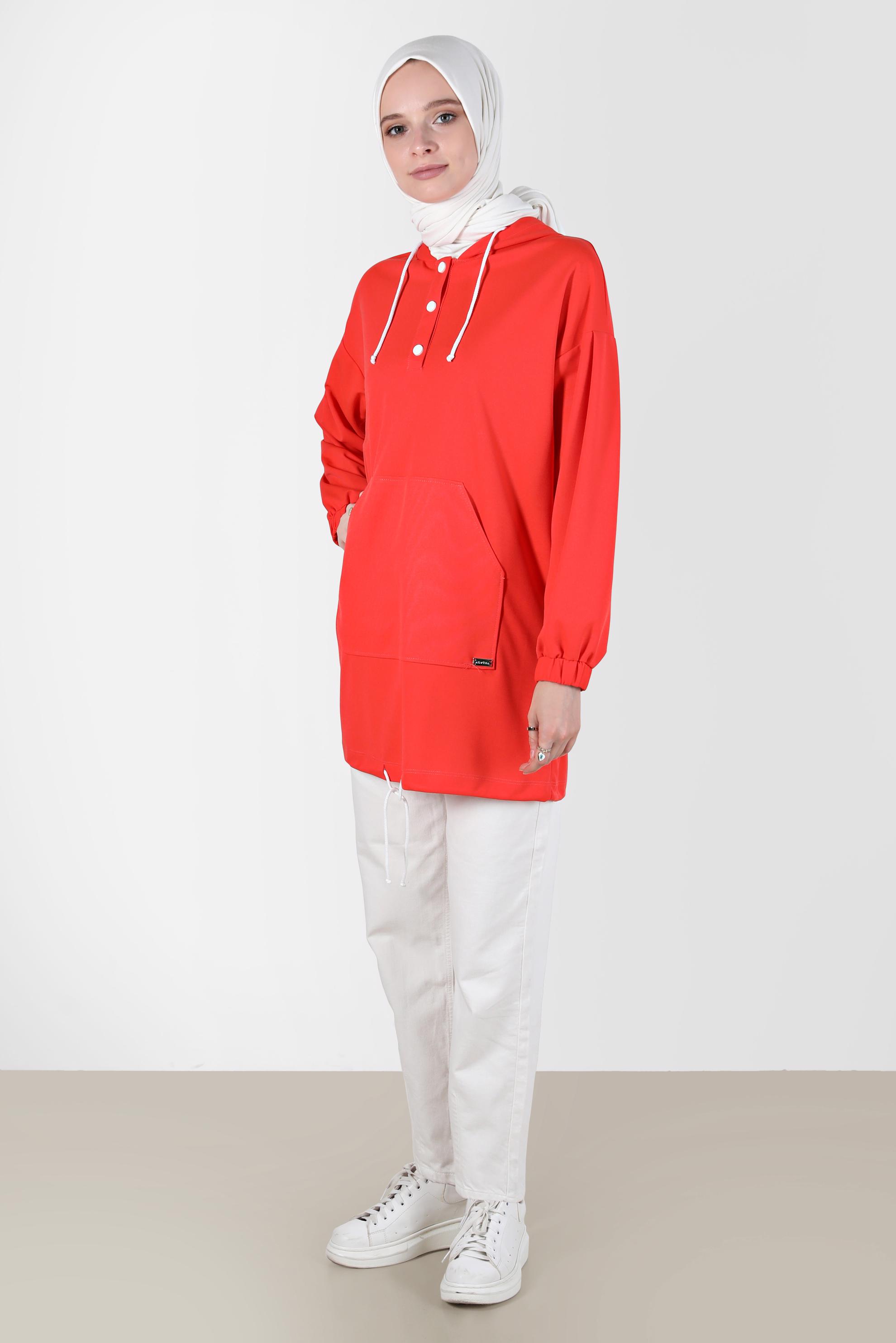 Tesettür giyim KIRMIZI ÇITÇITLI KAPÜŞONLU EŞOFMAN TUNİK 42651 