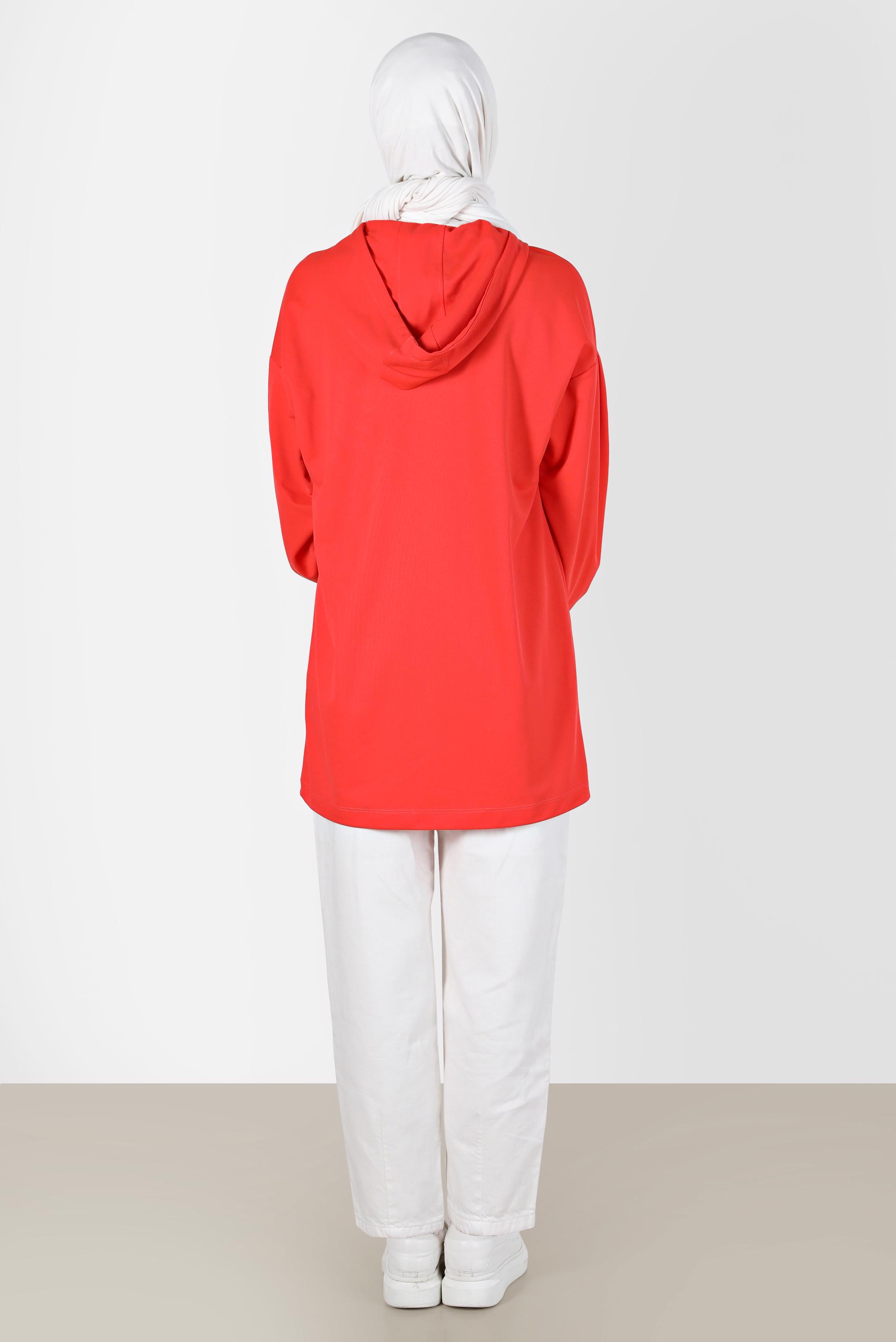 Tesettür giyim KIRMIZI ÇITÇITLI KAPÜŞONLU EŞOFMAN TUNİK 42651 