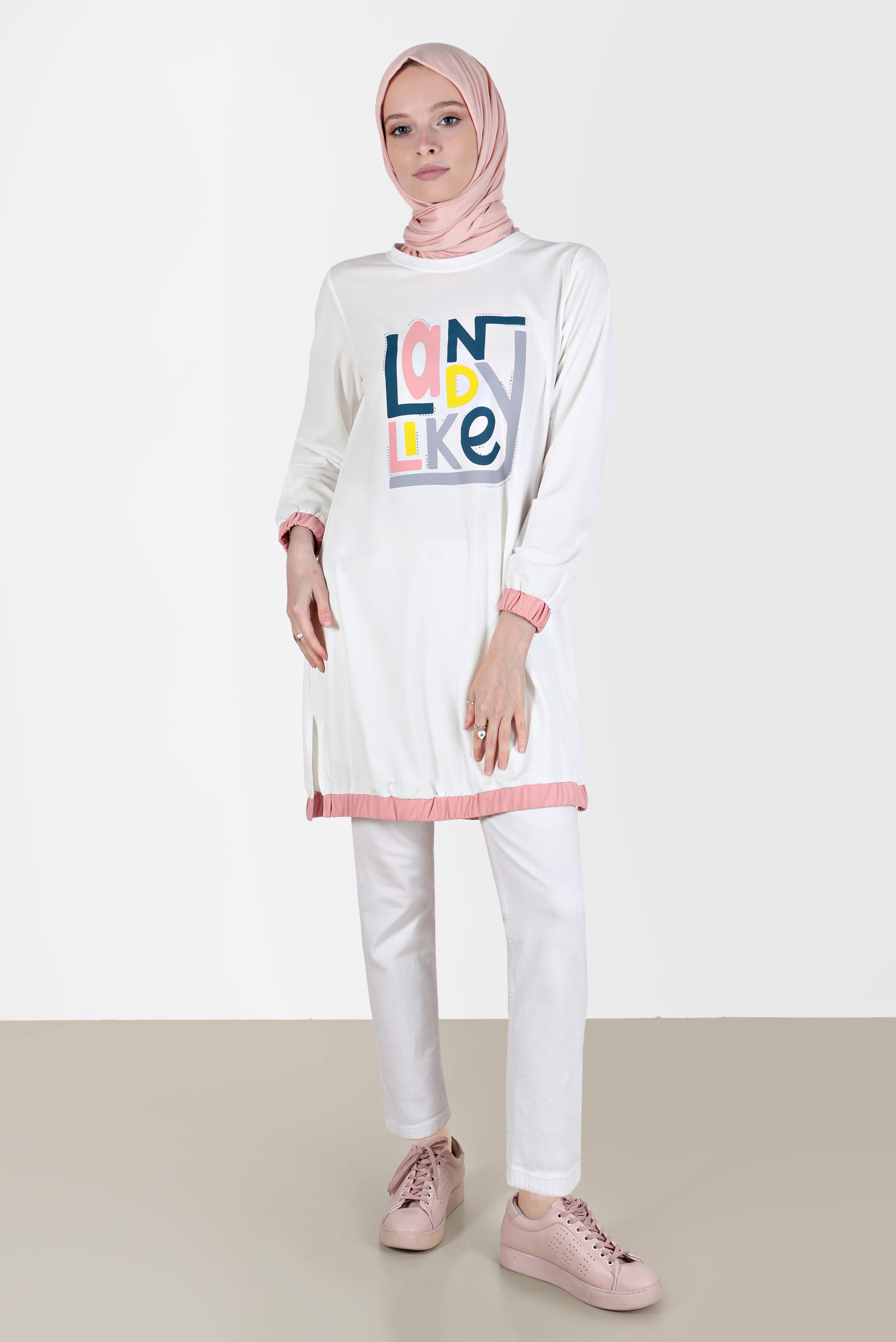 Tesettür giyim BEYAZ BASKI DETAYLI EŞOFMAN TUNİK 42653