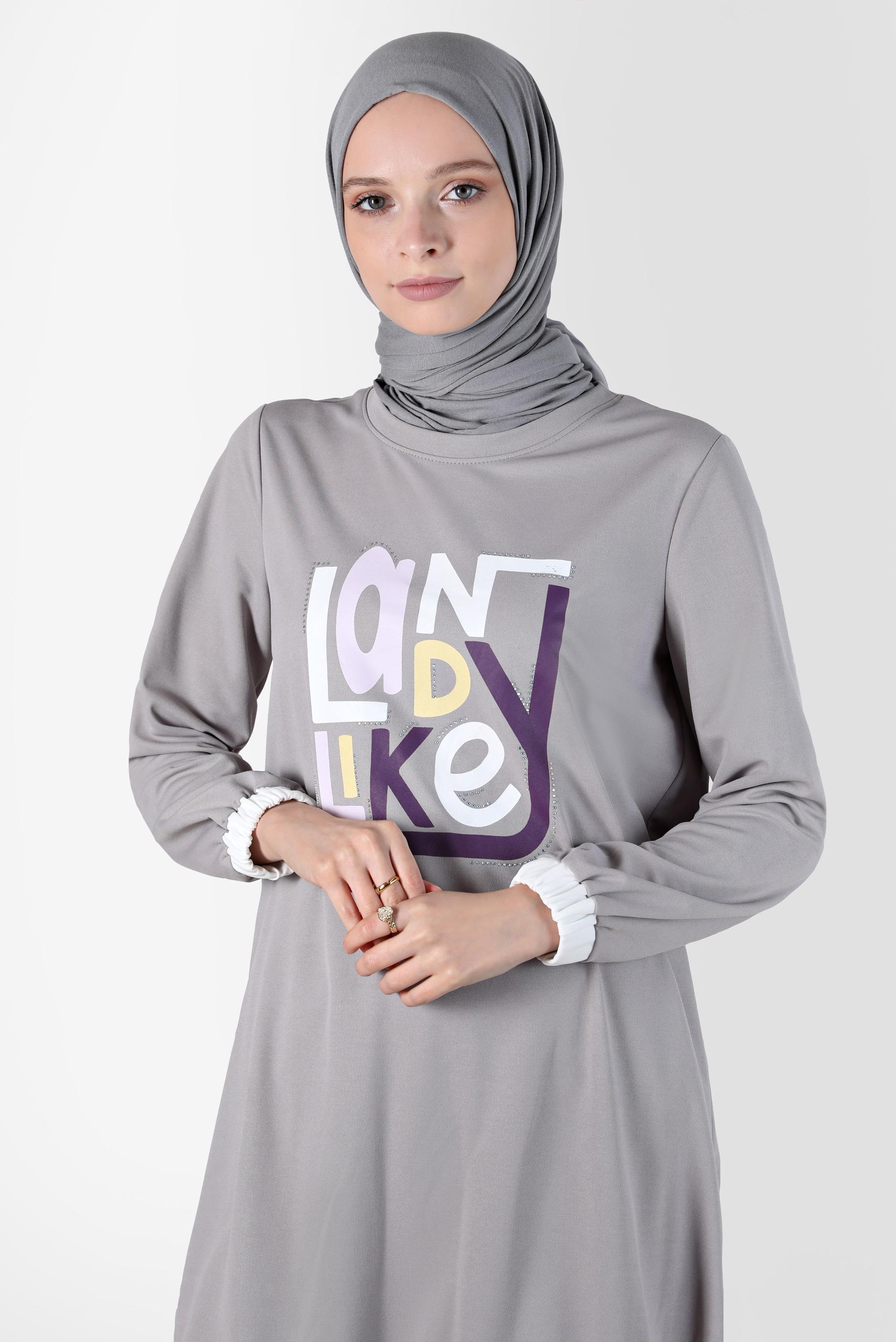 Tesettür giyim GRİ BASKI DETAYLI EŞOFMAN TUNİK 42653