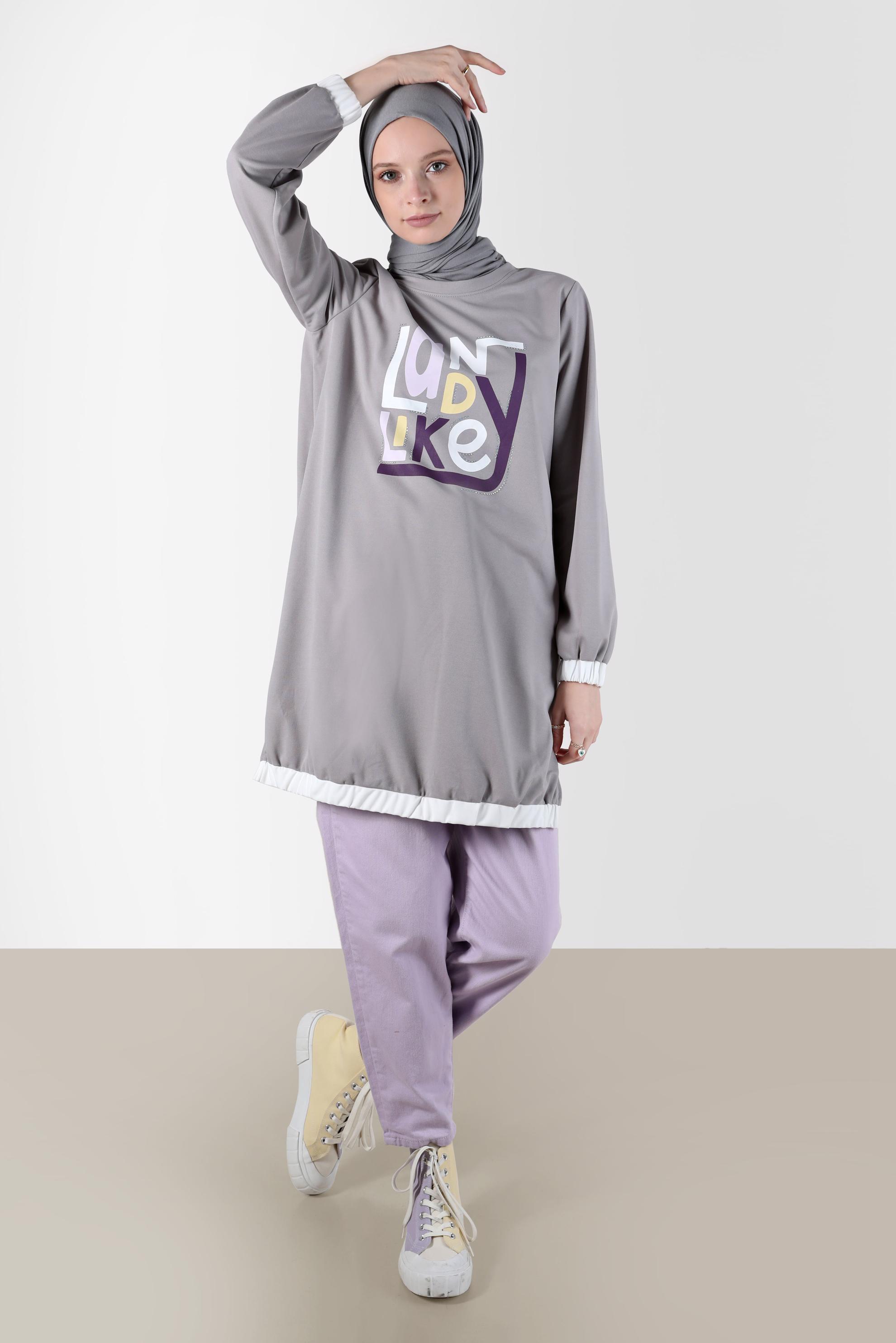 Tesettür giyim GRİ BASKI DETAYLI EŞOFMAN TUNİK 42653