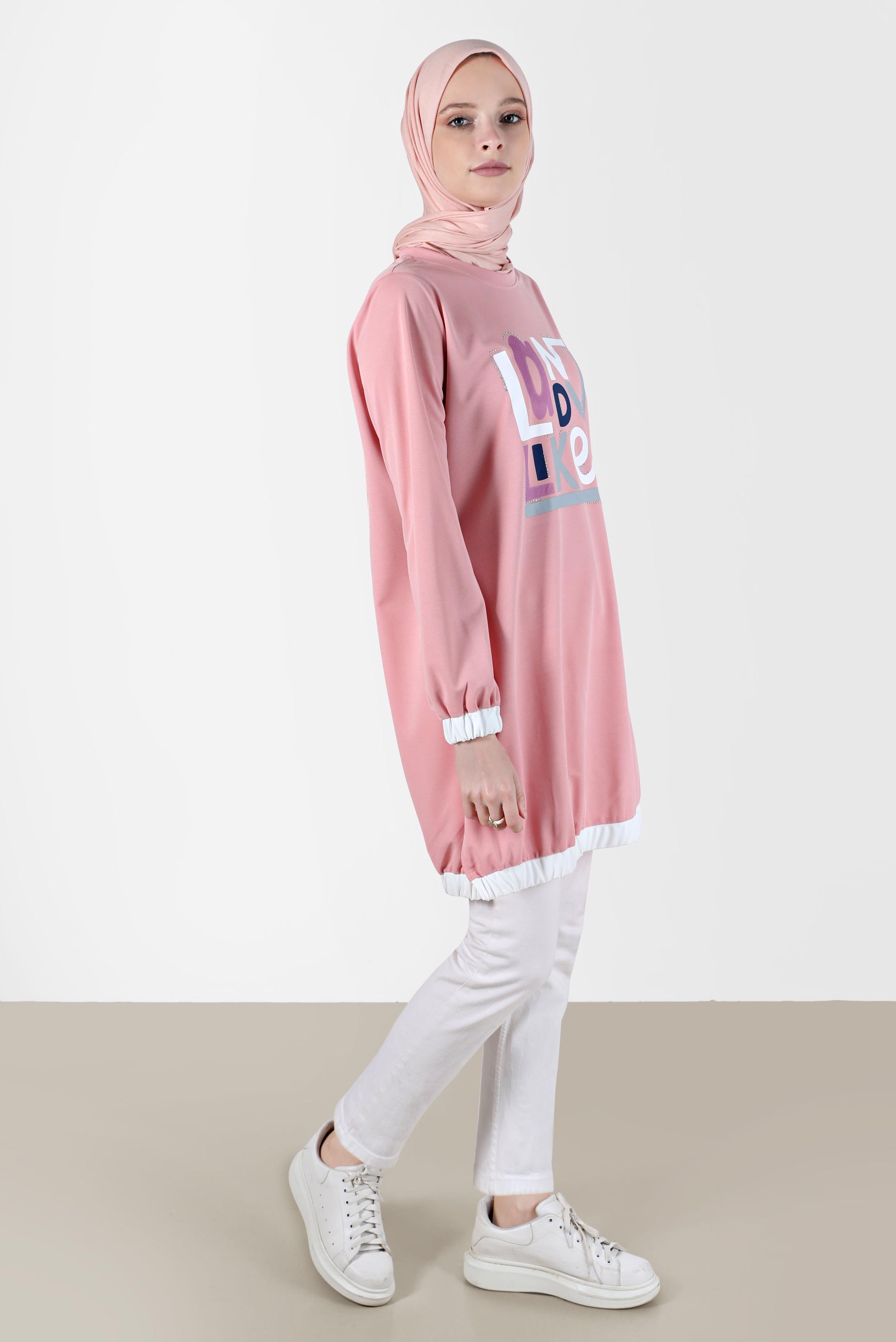 Tesettür giyim PUDRA BASKI DETAYLI EŞOFMAN TUNİK 42653