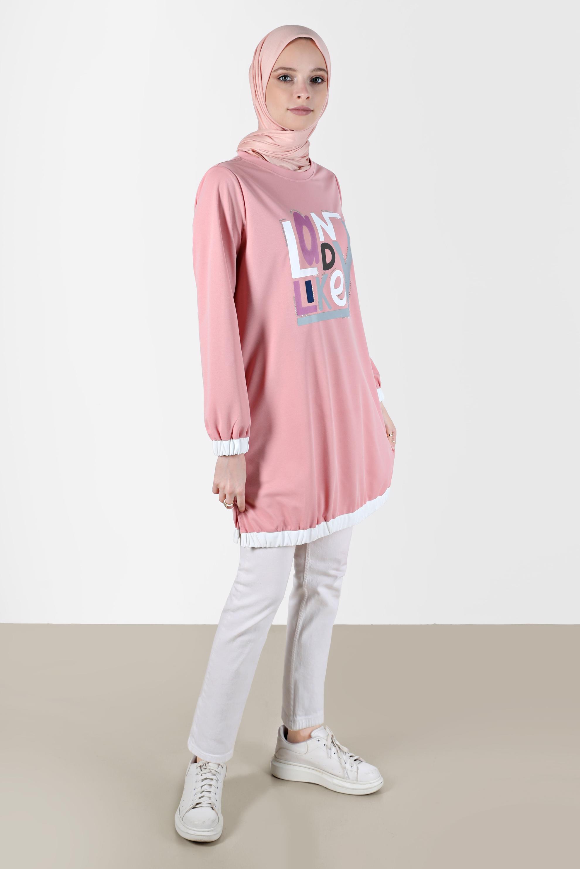 Tesettür giyim PUDRA BASKI DETAYLI EŞOFMAN TUNİK 42653