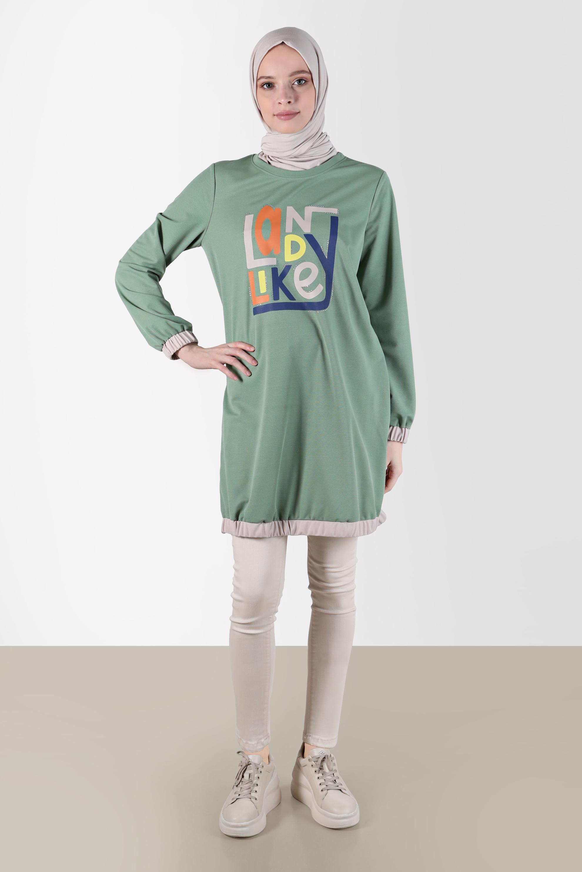 Tesettür giyim YEŞİL BASKI DETAYLI EŞOFMAN TUNİK 42653