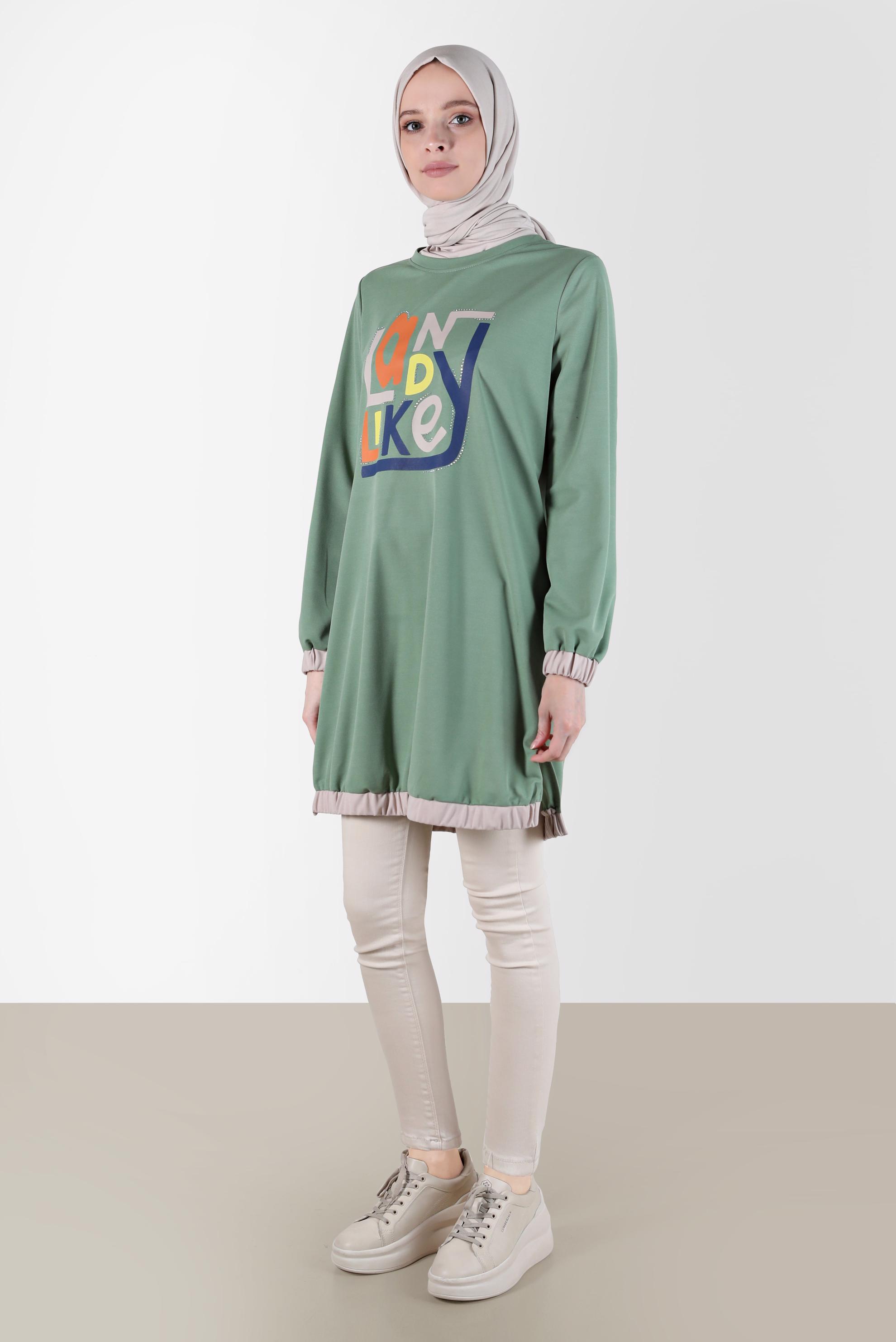 Tesettür giyim YEŞİL BASKI DETAYLI EŞOFMAN TUNİK 42653