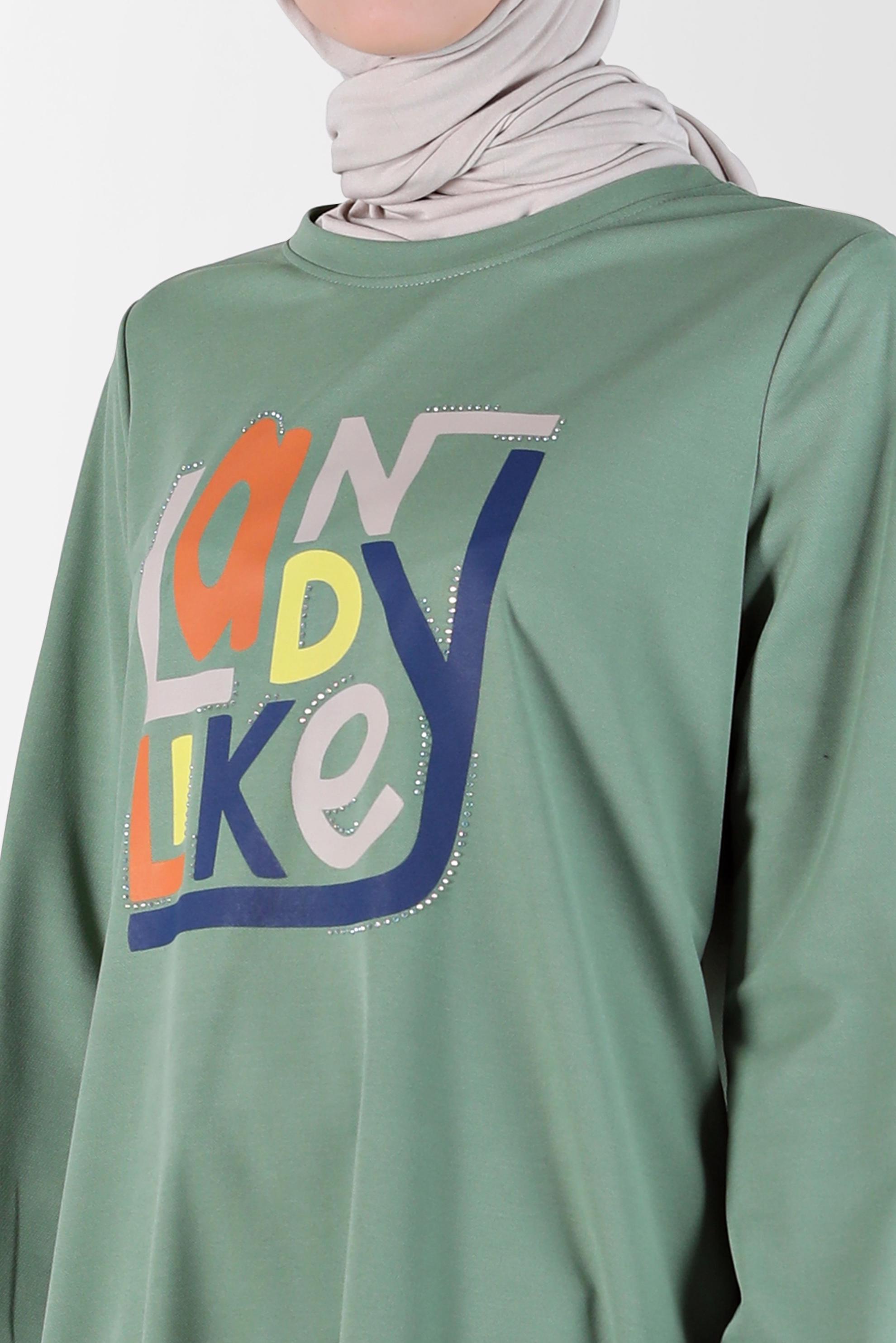 Tesettür giyim YEŞİL BASKI DETAYLI EŞOFMAN TUNİK 42653