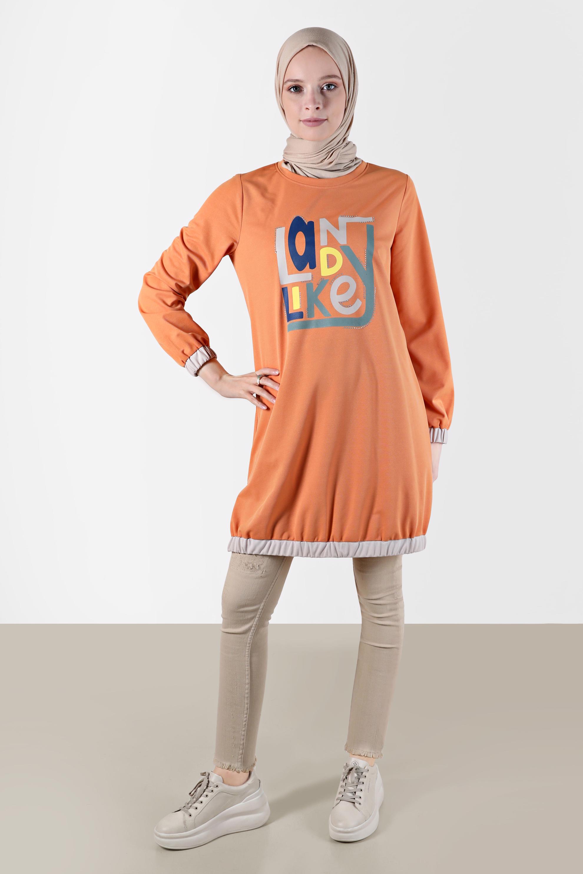 Tesettür giyim TURUNCU BASKI DETAYLI EŞOFMAN TUNİK 42653