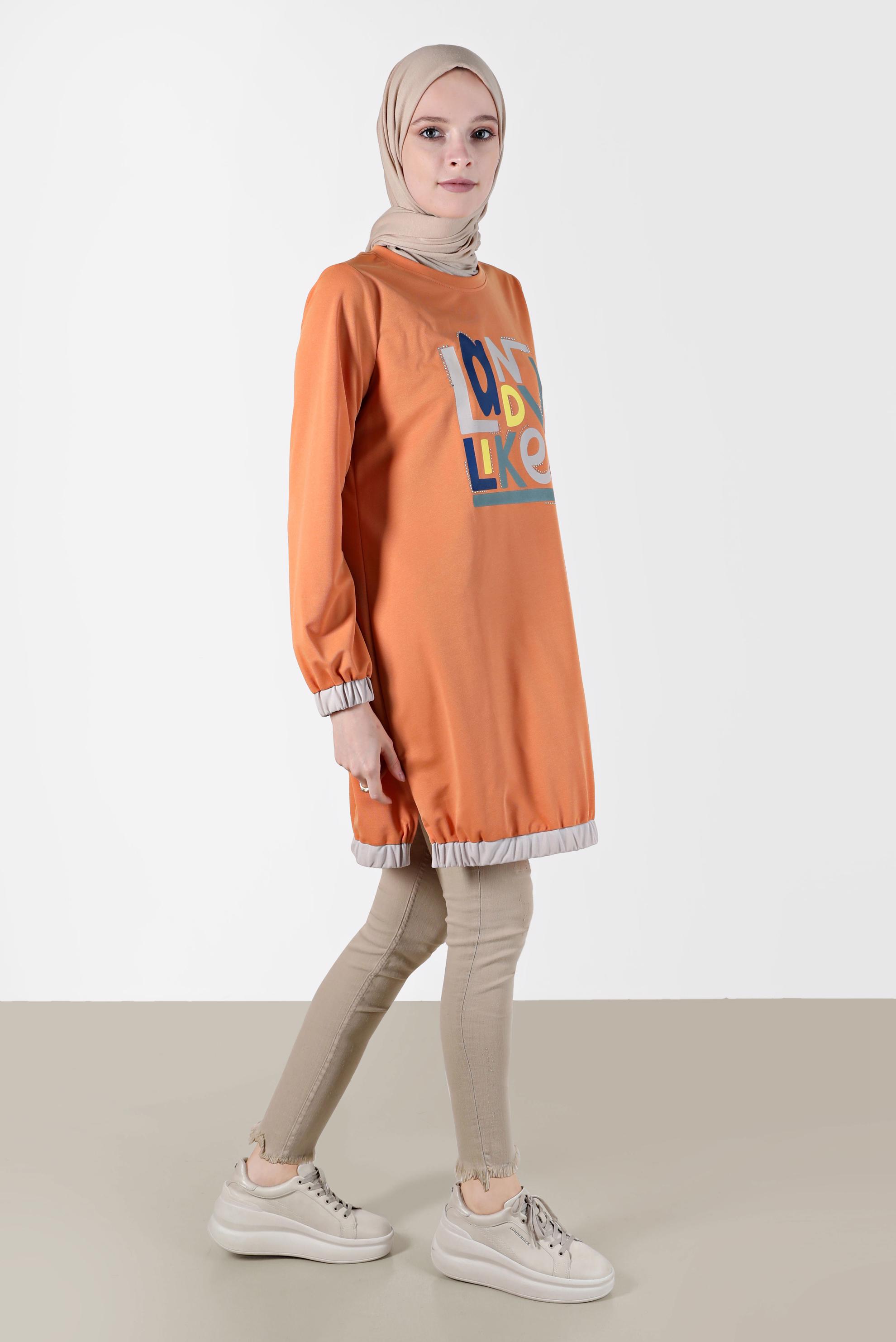 Tesettür giyim TURUNCU BASKI DETAYLI EŞOFMAN TUNİK 42653