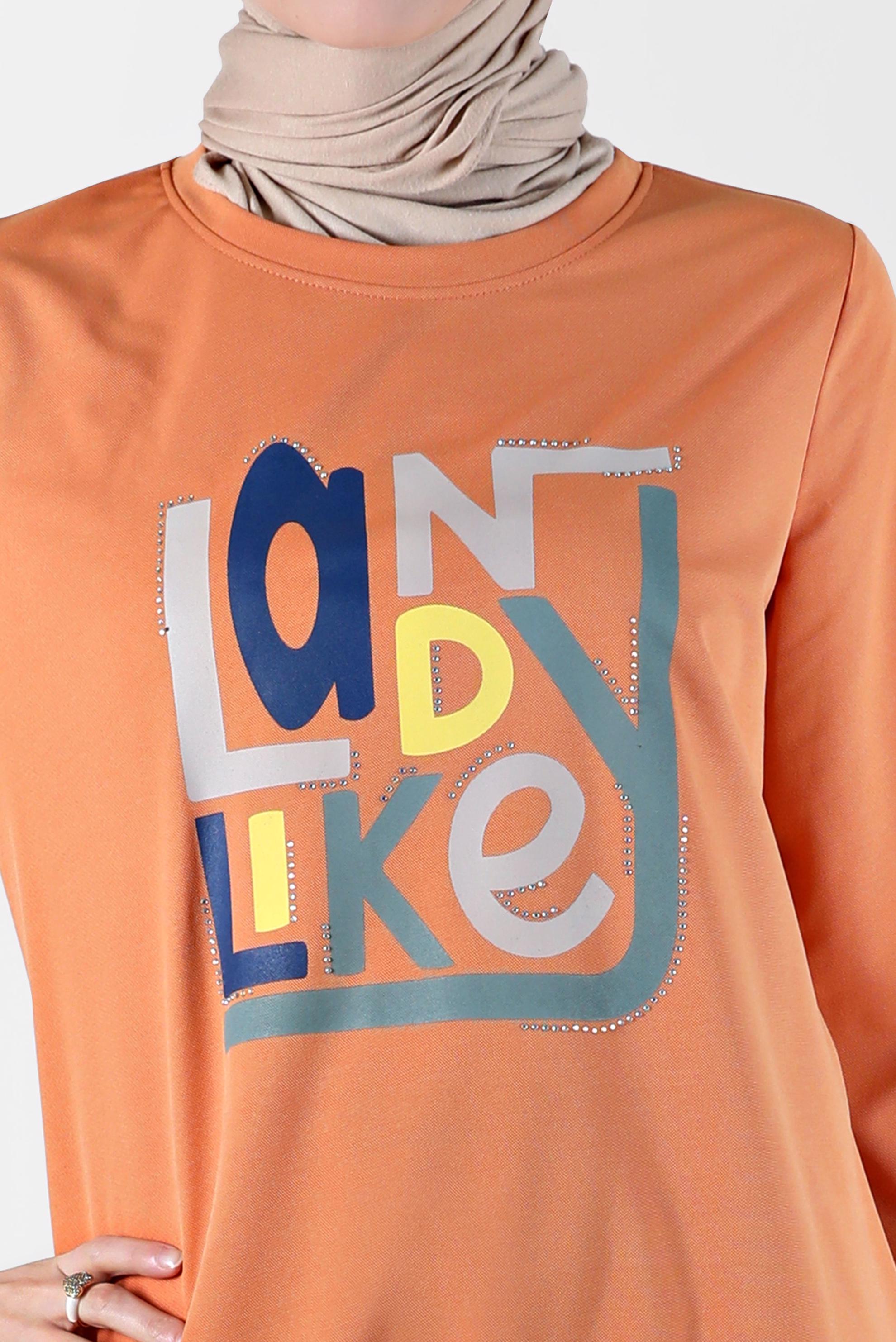 Tesettür giyim TURUNCU BASKI DETAYLI EŞOFMAN TUNİK 42653