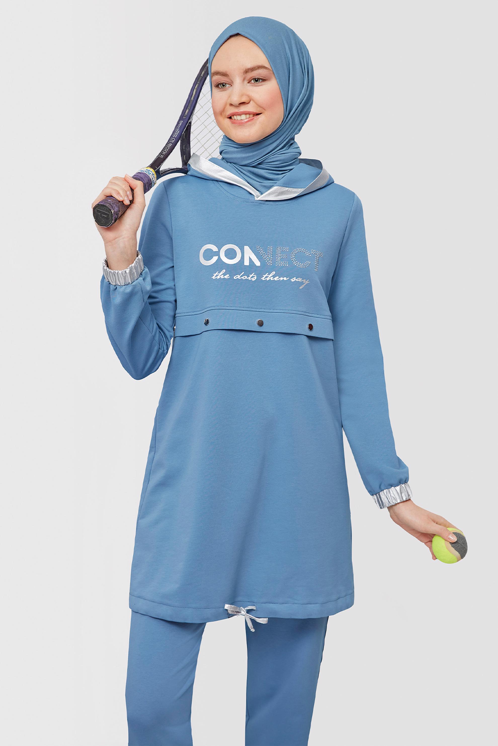 Tesettür giyim MAVİ YAZI BASKILI KAPÜŞONLU İKİLİ PANT. EŞOFMAN TAKIMI 42654