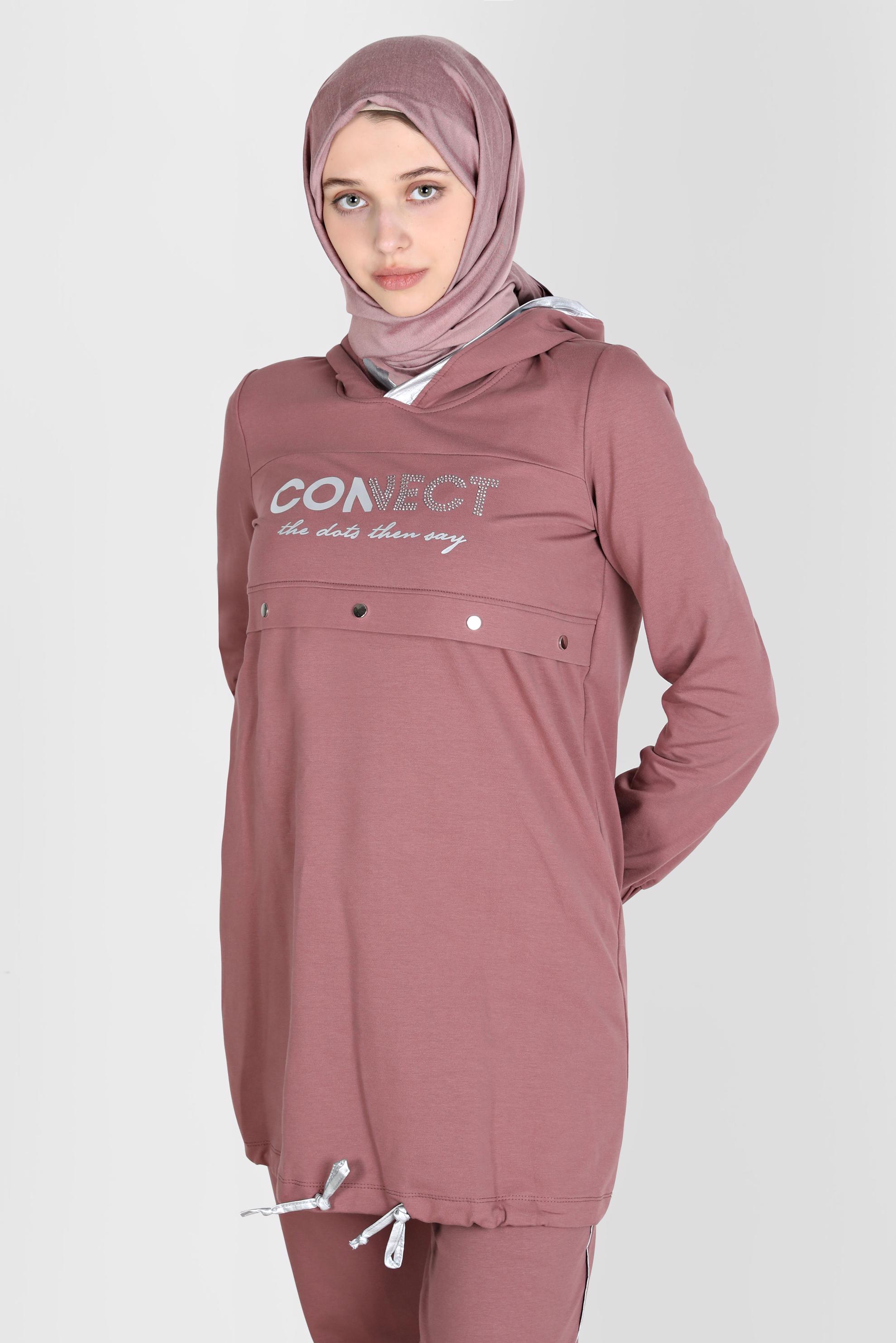 Tesettür giyim PEMBE YAZI BASKILI KAPÜŞONLU İKİLİ PANT. EŞOFMAN TAKIMI 42654