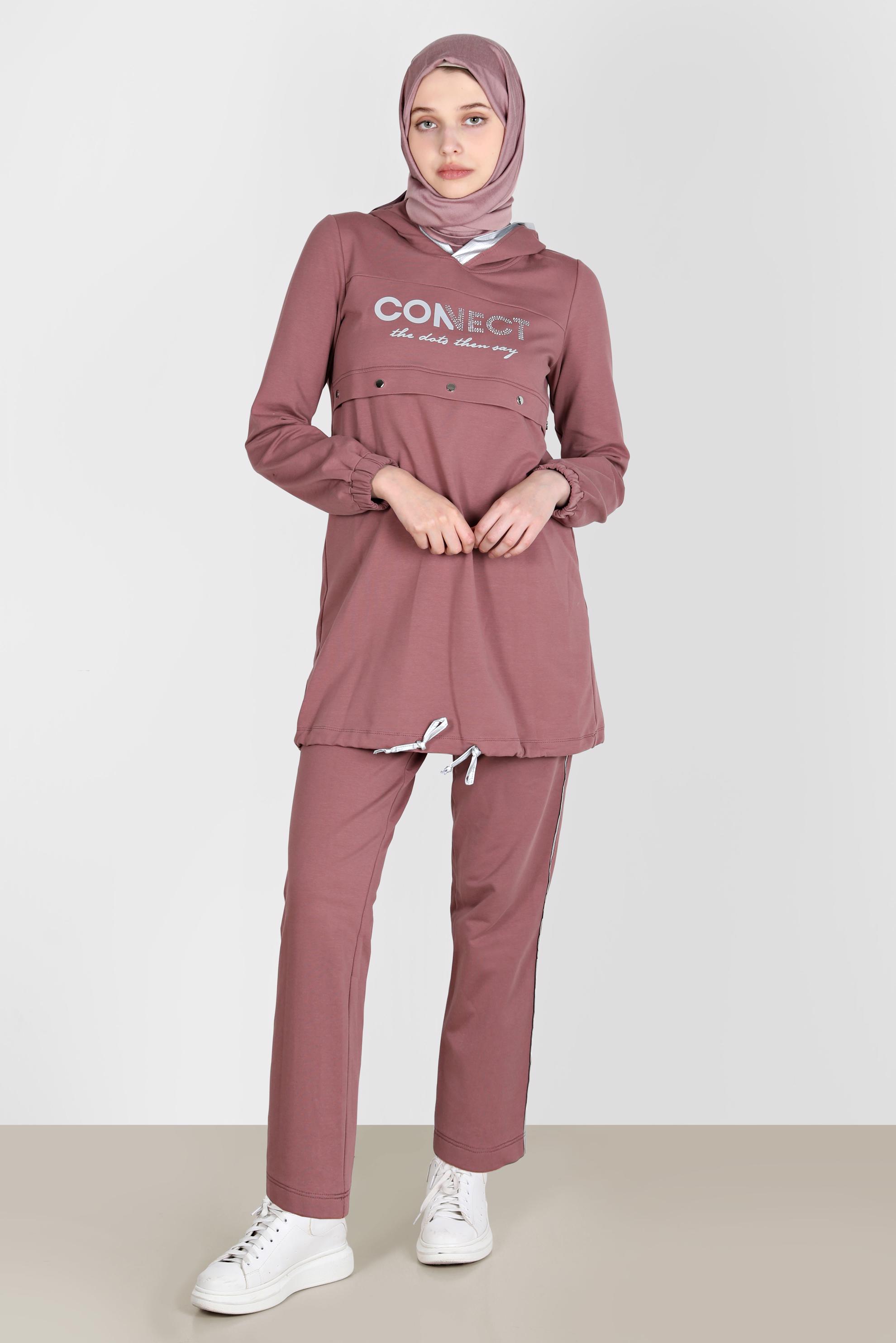 Tesettür giyim PEMBE YAZI BASKILI KAPÜŞONLU İKİLİ PANT. EŞOFMAN TAKIMI 42654