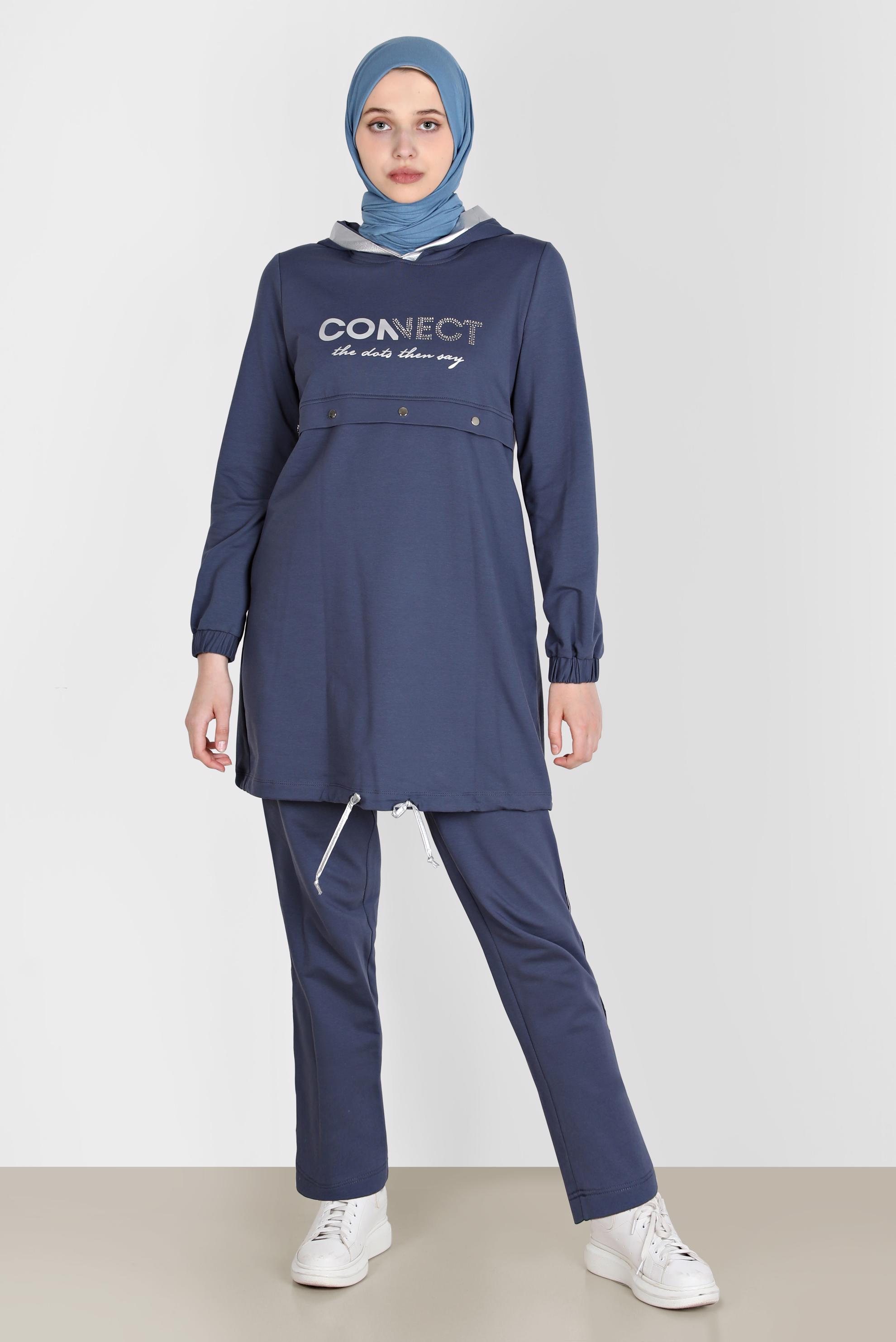 Tesettür giyim LACİVERT YAZI BASKILI KAPÜŞONLU İKİLİ PANT. EŞOFMAN TAKIMI 42654