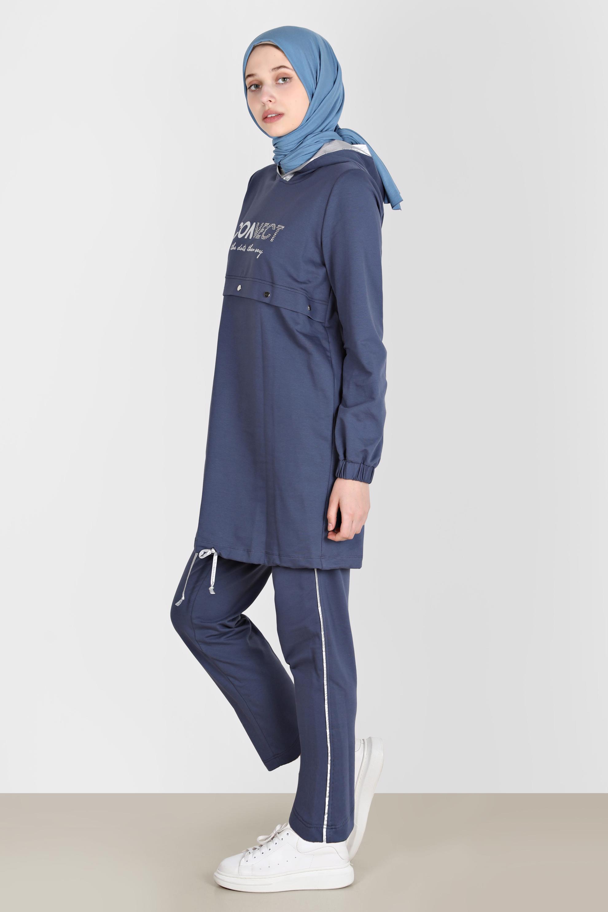 Tesettür giyim LACİVERT YAZI BASKILI KAPÜŞONLU İKİLİ PANT. EŞOFMAN TAKIMI 42654