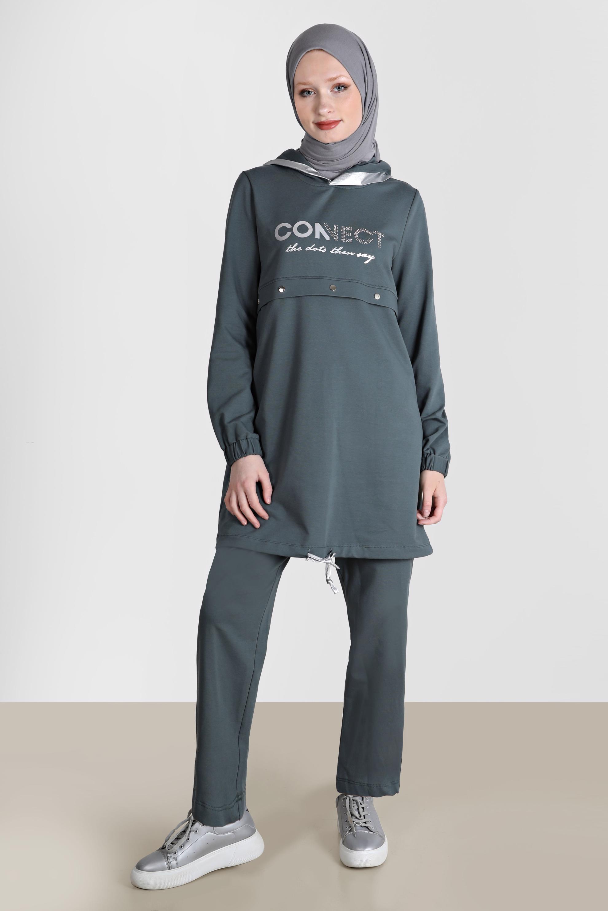 Tesettür giyim YEŞİL YAZI BASKILI KAPÜŞONLU İKİLİ PANT. EŞOFMAN TAKIMI 42654