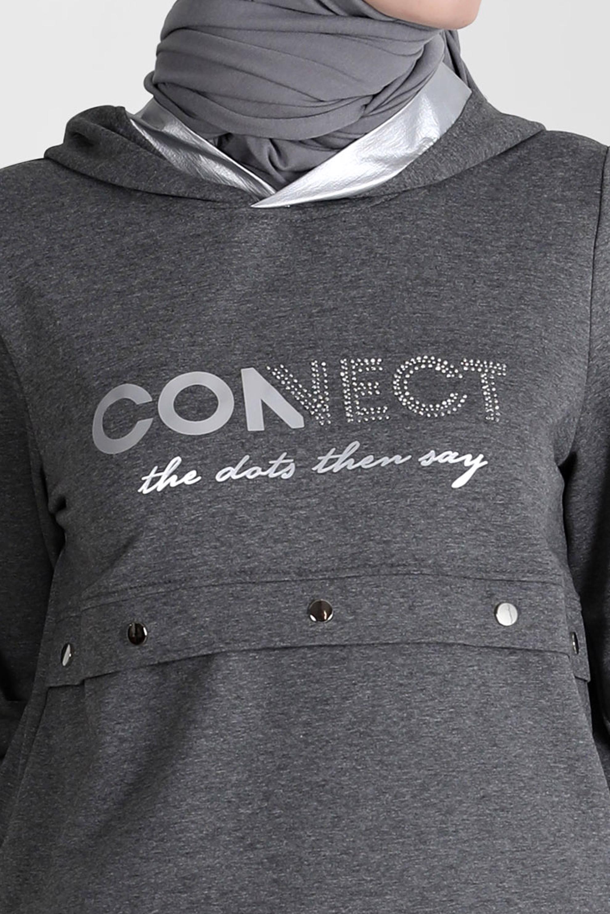 Tesettür giyim GRİ YAZI BASKILI KAPÜŞONLU İKİLİ PANT. EŞOFMAN TAKIMI 42654