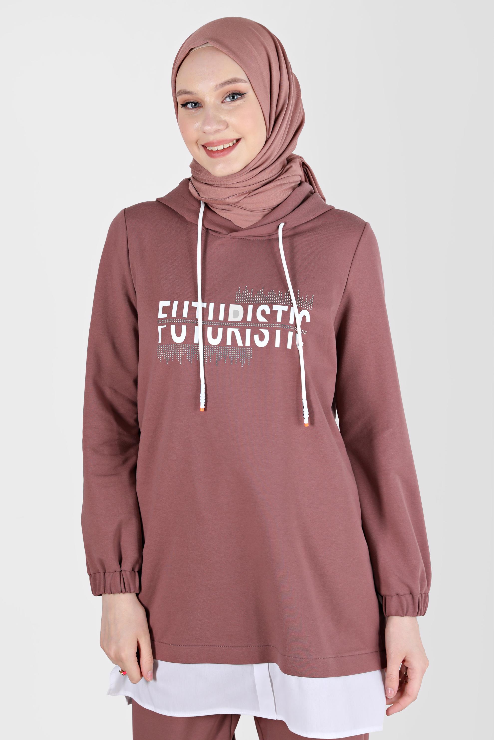 Tesettür giyim PEMBE YAZI DETAYLI İKİLİ PANT. EŞOFMAN TAKIMI 42655 