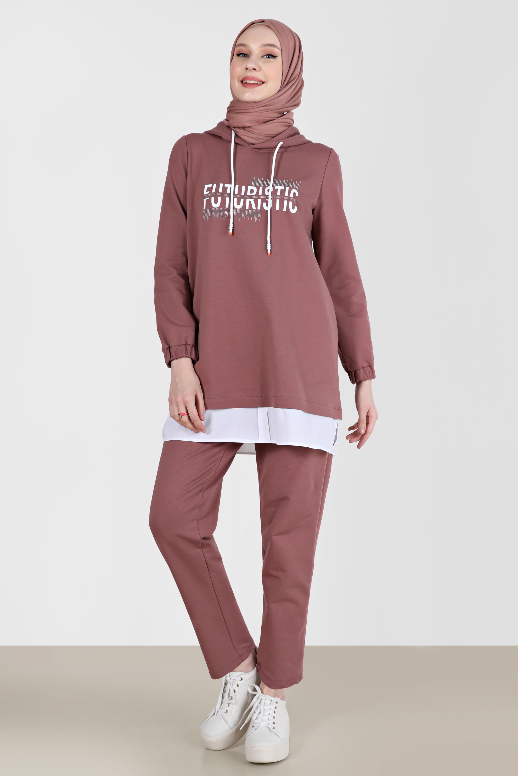 Tesettür giyim PEMBE YAZI DETAYLI İKİLİ PANT. EŞOFMAN TAKIMI 42655 