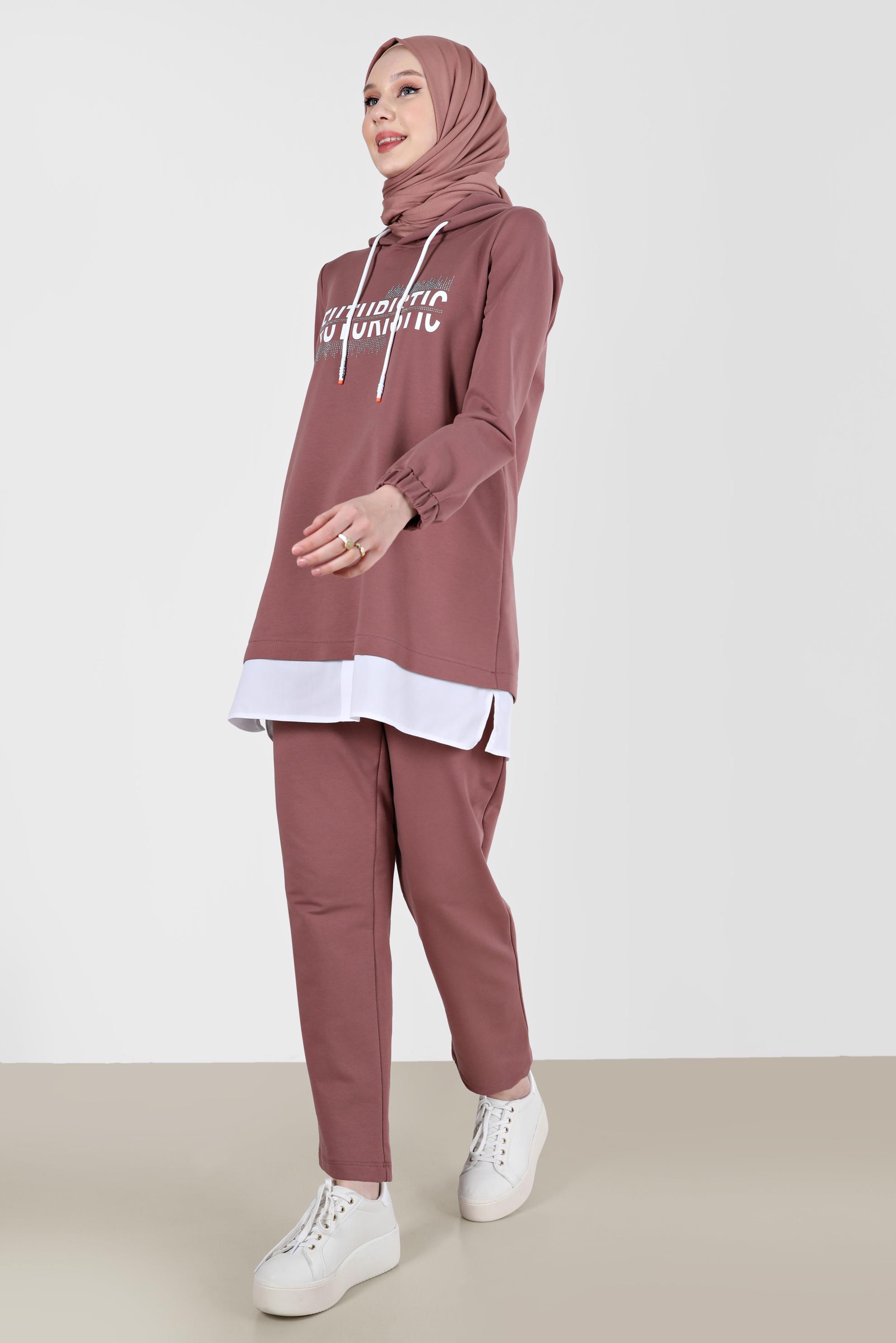 Tesettür giyim PEMBE YAZI DETAYLI İKİLİ PANT. EŞOFMAN TAKIMI 42655 