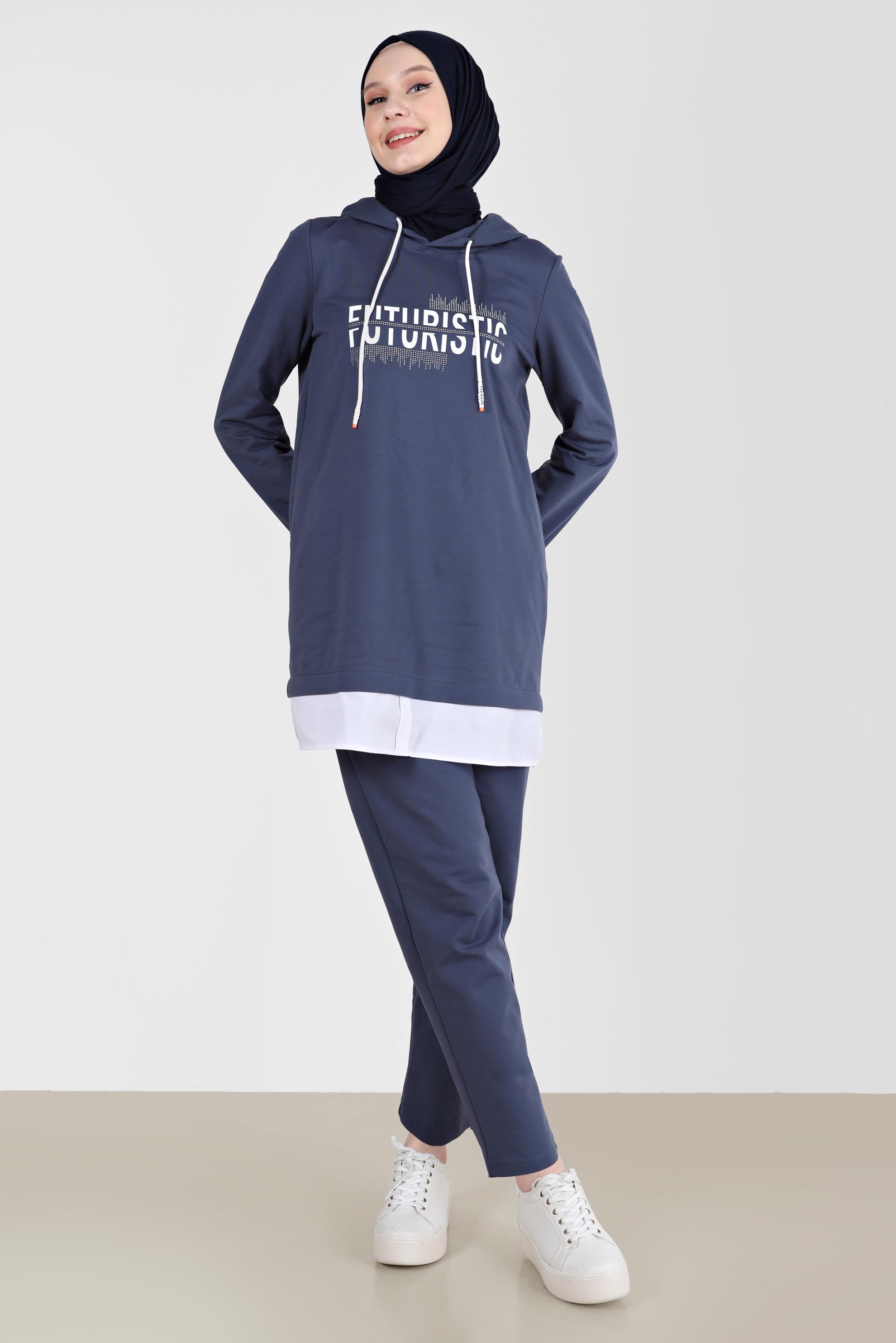 Tesettür giyim LACİVERT YAZI DETAYLI İKİLİ PANT. EŞOFMAN TAKIMI 42655 