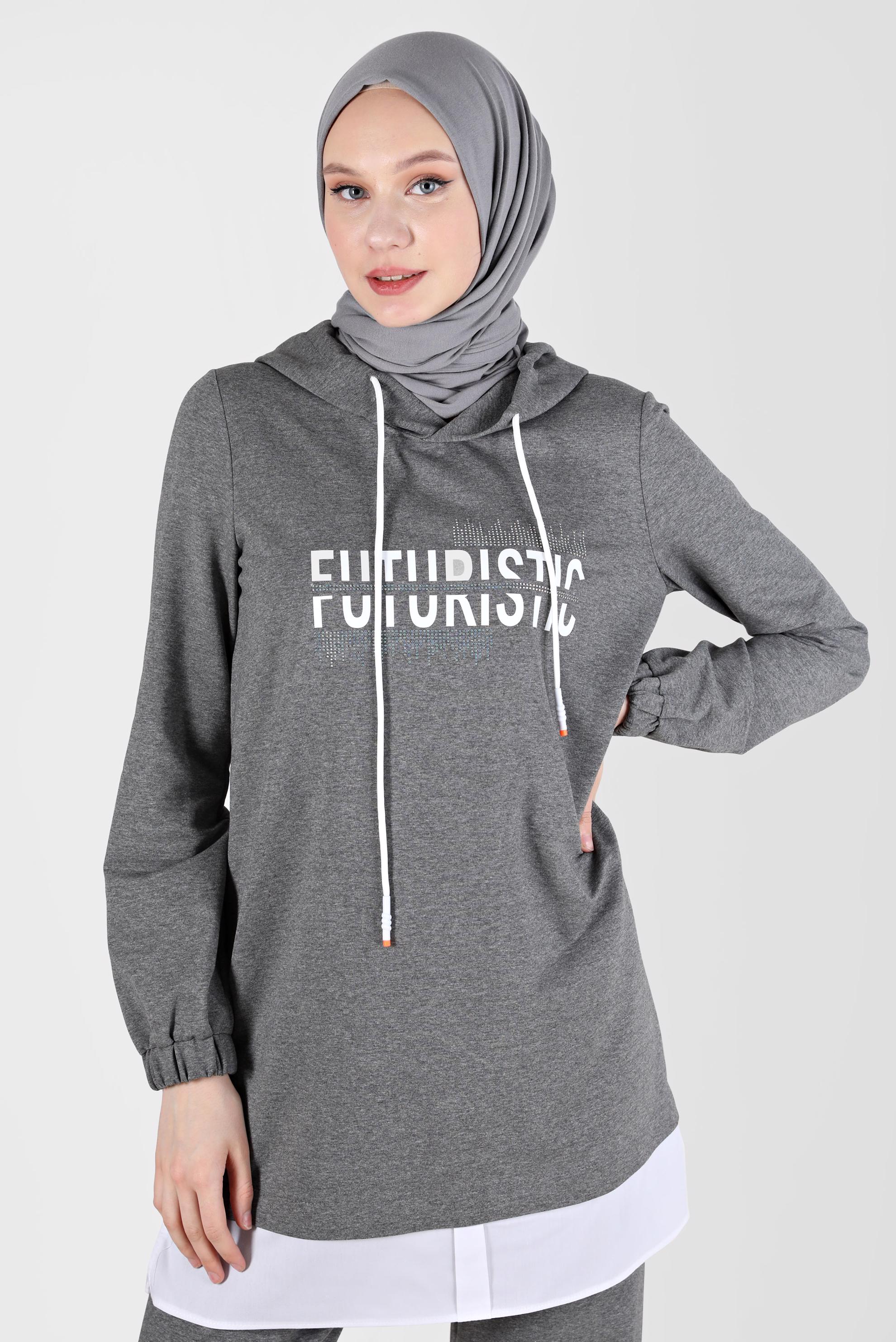 Tesettür giyim GRİ YAZI DETAYLI İKİLİ PANT. EŞOFMAN TAKIMI 42655 