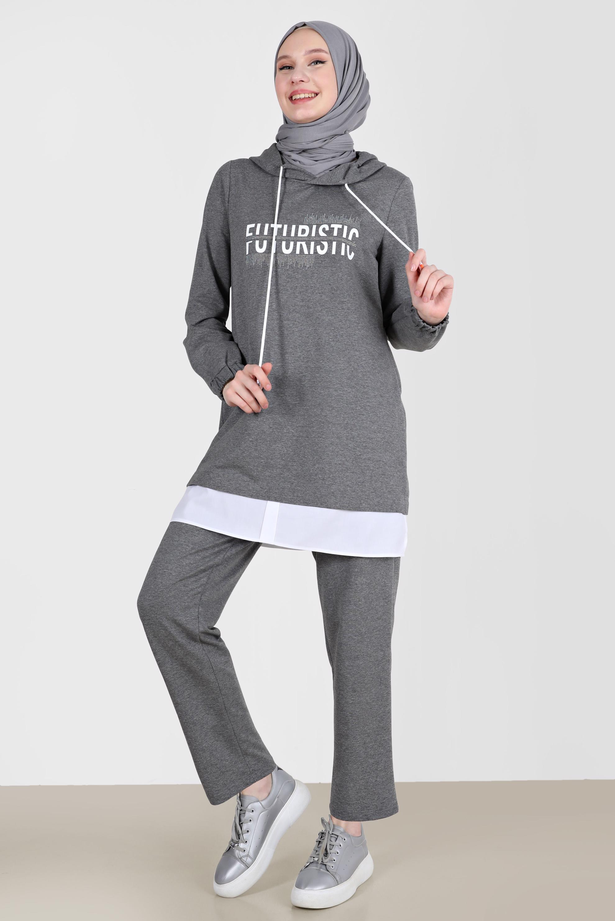 Tesettür giyim GRİ YAZI DETAYLI İKİLİ PANT. EŞOFMAN TAKIMI 42655 