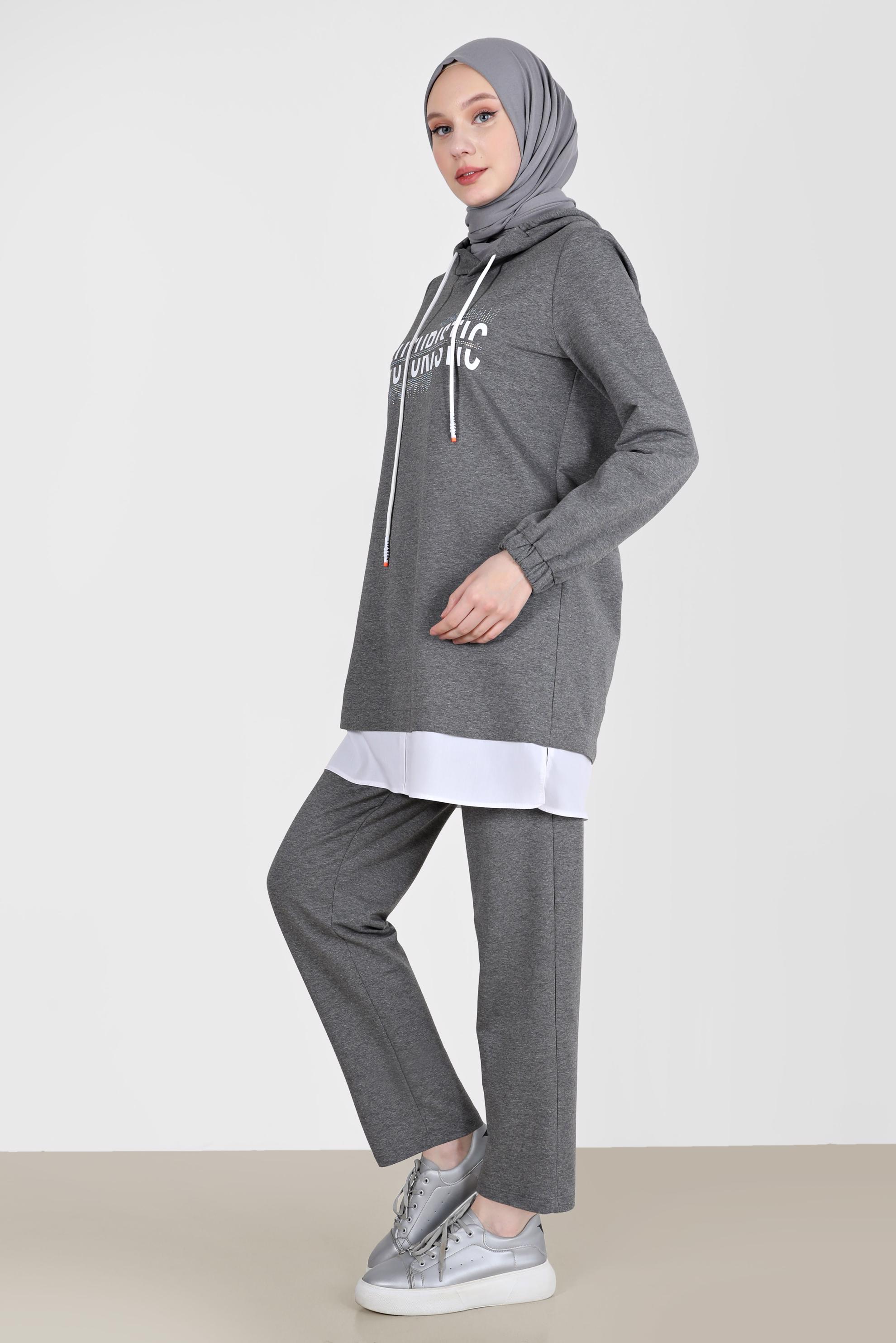 Tesettür giyim GRİ YAZI DETAYLI İKİLİ PANT. EŞOFMAN TAKIMI 42655 