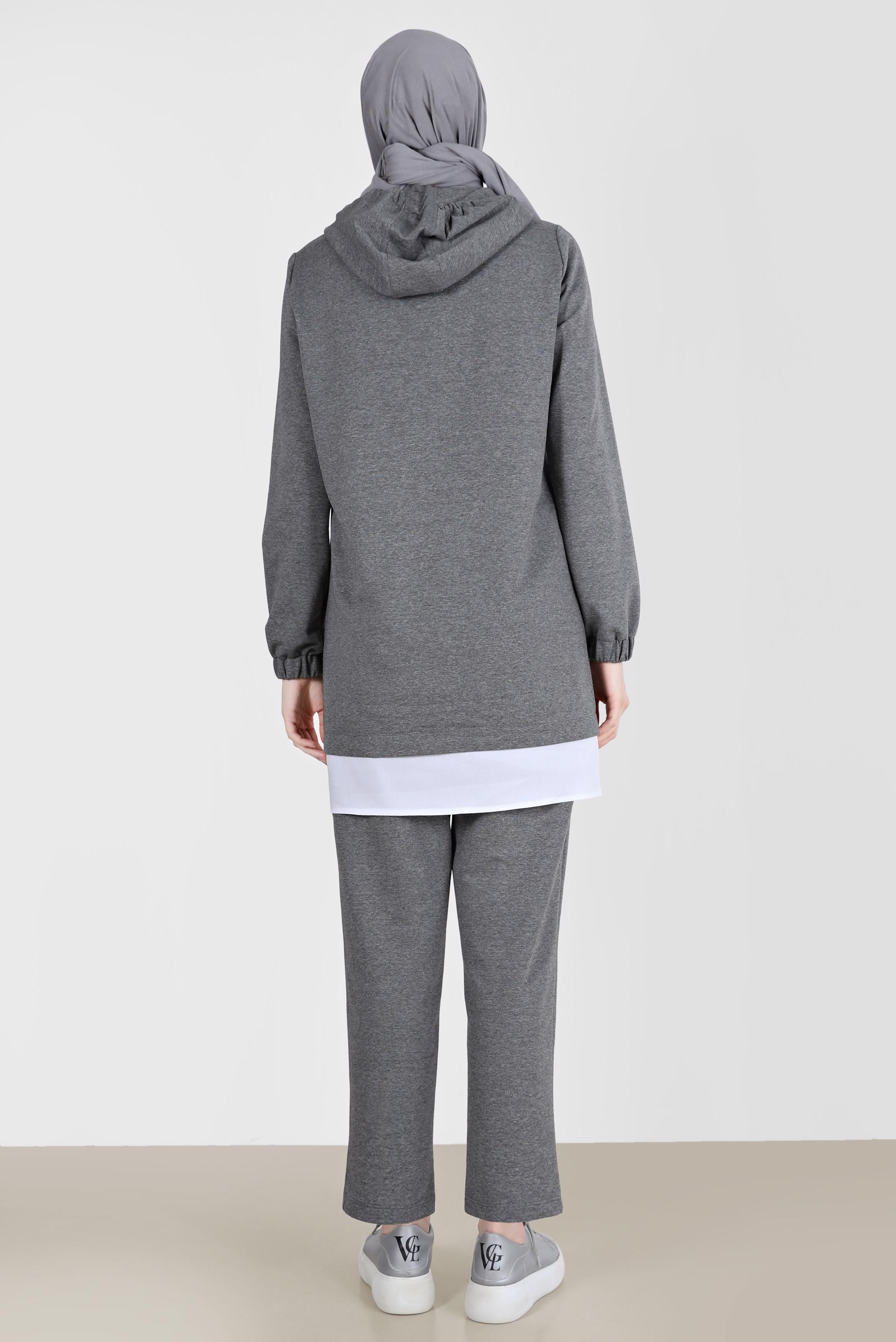 Tesettür giyim GRİ YAZI DETAYLI İKİLİ PANT. EŞOFMAN TAKIMI 42655 