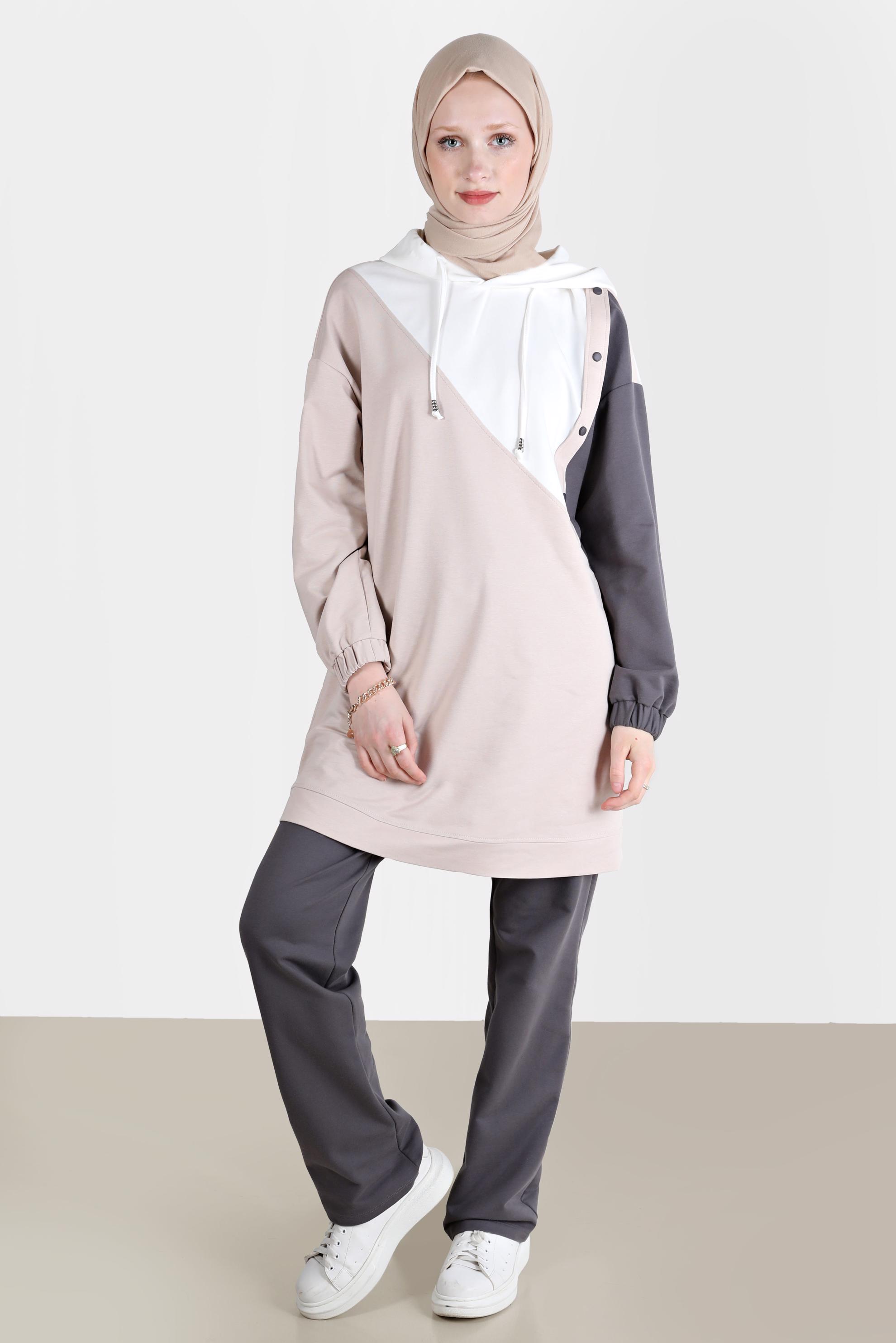 Tesettür giyim GRİ ÇOK RENKLİ KAPÜŞONLU İKİLİ PANT. EŞOFMAN TAKIMI 42656 