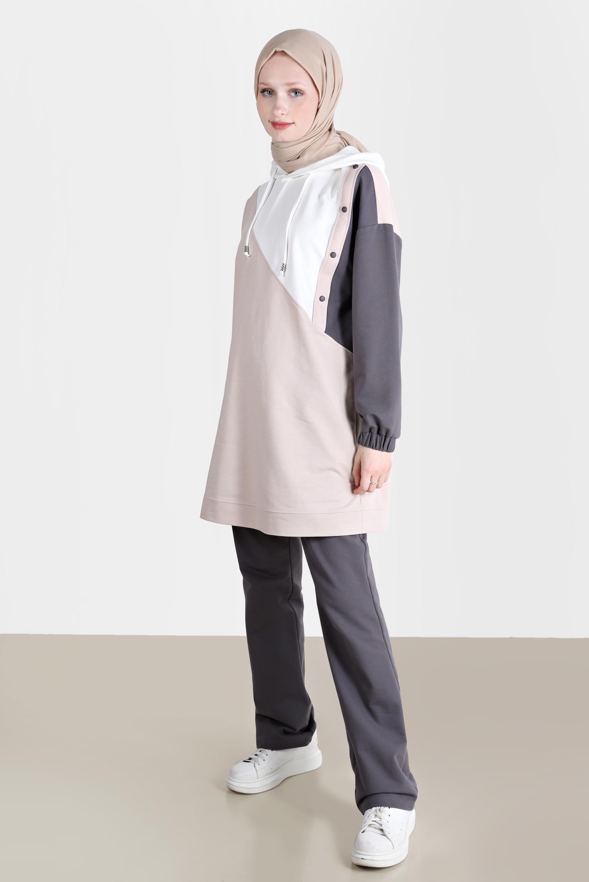 Tesettür giyim GRİ ÇOK RENKLİ KAPÜŞONLU İKİLİ PANT. EŞOFMAN TAKIMI 42656 