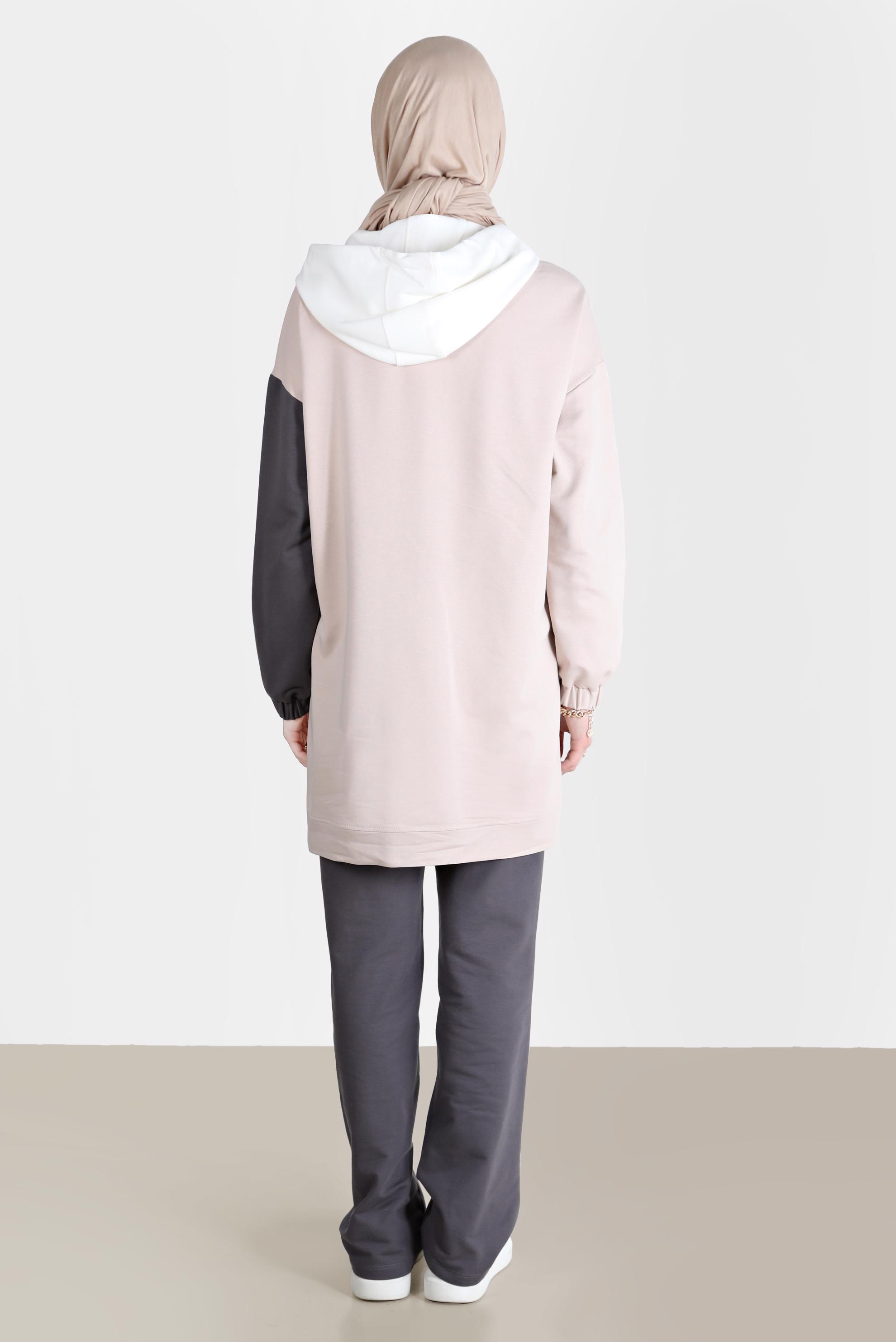 Tesettür giyim GRİ ÇOK RENKLİ KAPÜŞONLU İKİLİ PANT. EŞOFMAN TAKIMI 42656 