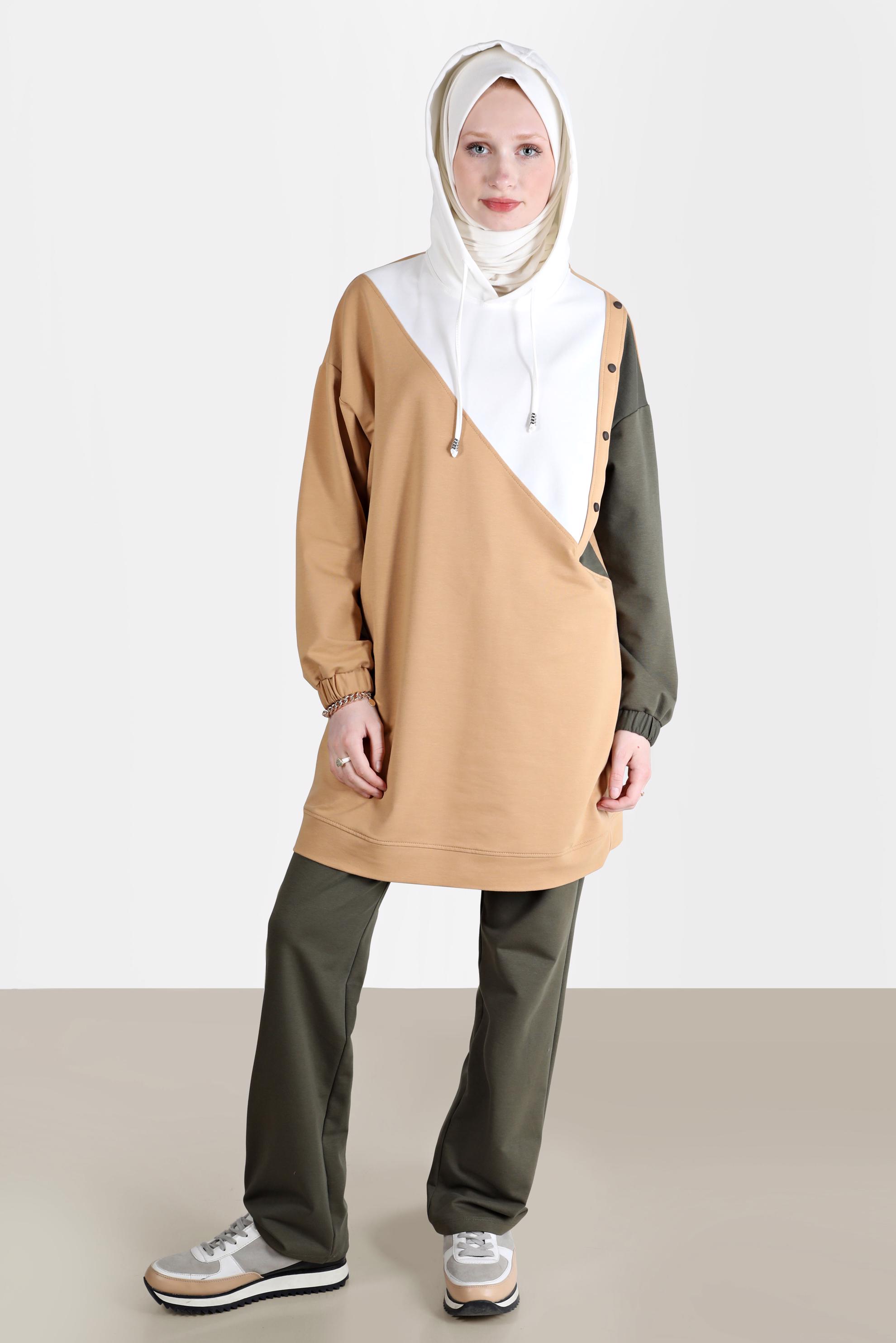 Tesettür giyim HAKİ ÇOK RENKLİ KAPÜŞONLU İKİLİ PANT. EŞOFMAN TAKIMI 42656 