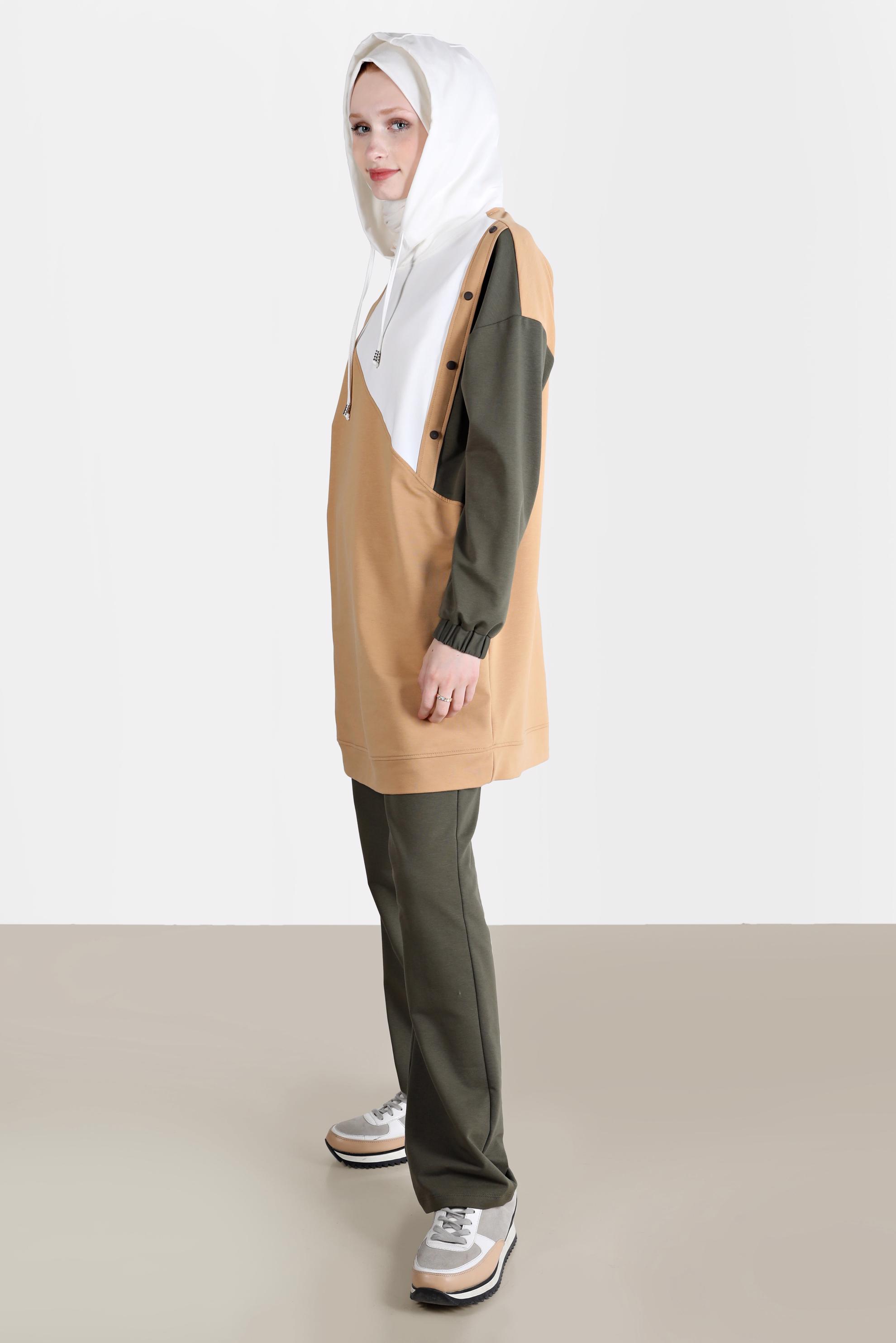 Tesettür giyim HAKİ ÇOK RENKLİ KAPÜŞONLU İKİLİ PANT. EŞOFMAN TAKIMI 42656 