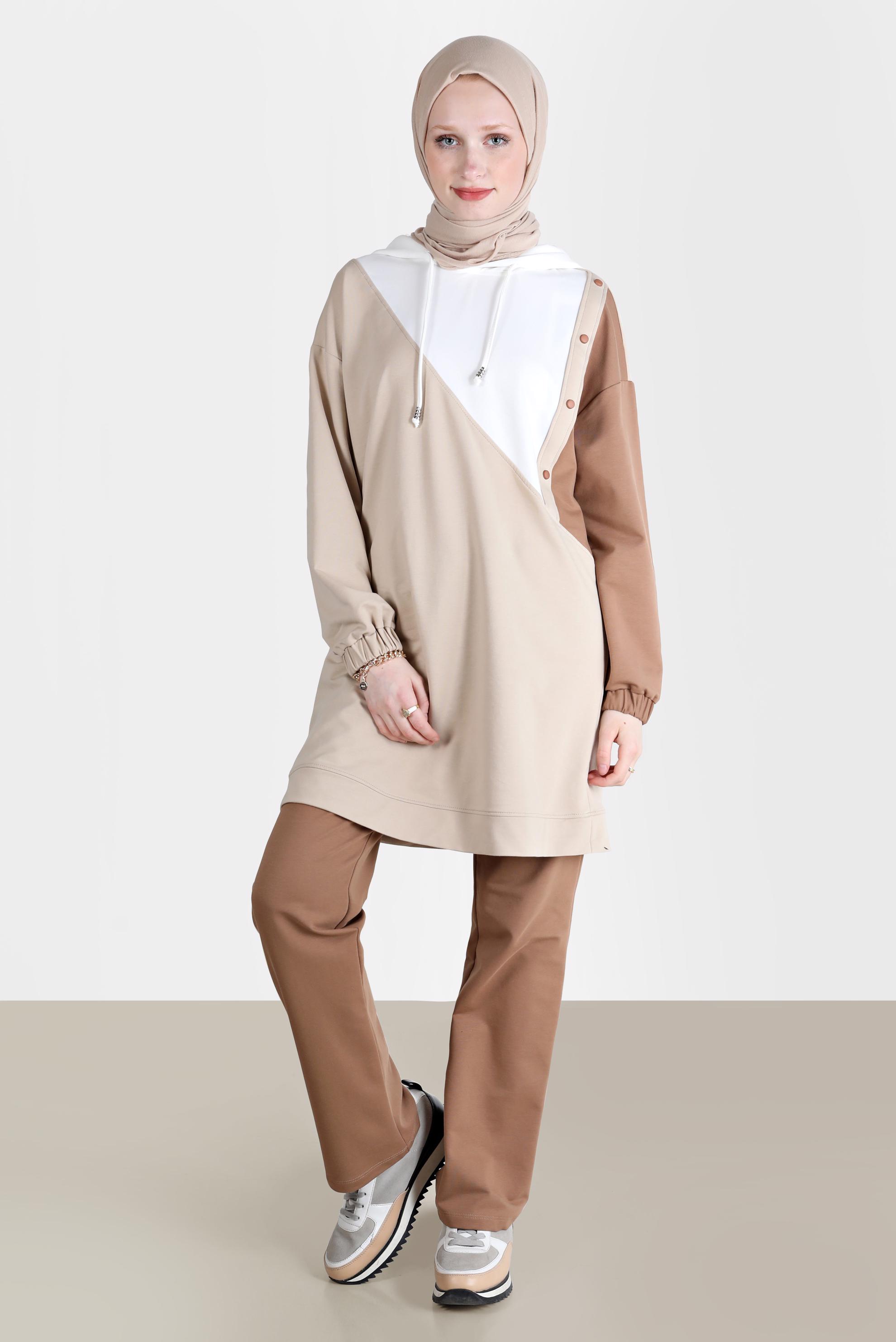 Tesettür giyim KAHVE ÇOK RENKLİ KAPÜŞONLU İKİLİ PANT. EŞOFMAN TAKIMI 42656 