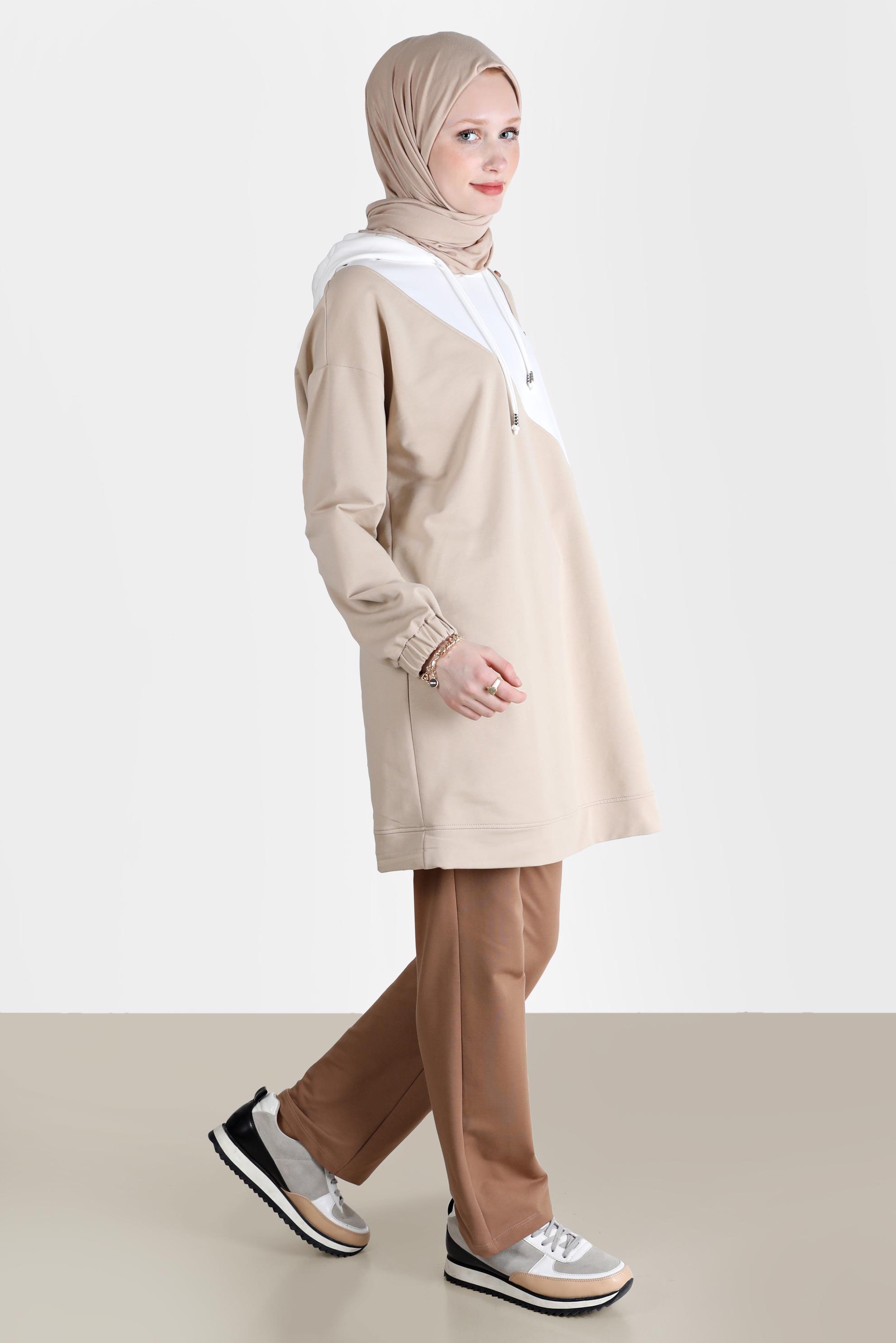 Tesettür giyim KAHVE ÇOK RENKLİ KAPÜŞONLU İKİLİ PANT. EŞOFMAN TAKIMI 42656 