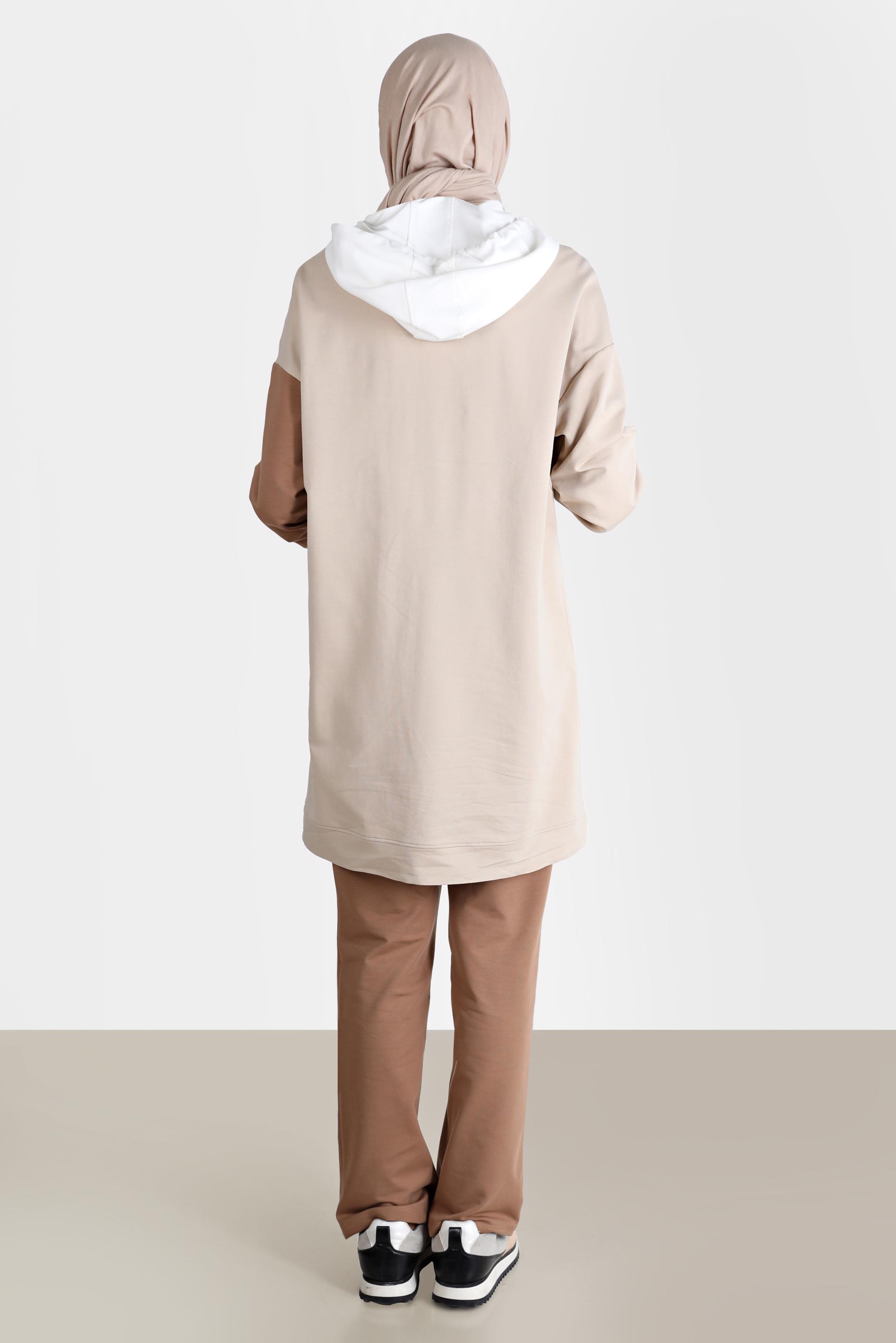 Tesettür giyim KAHVE ÇOK RENKLİ KAPÜŞONLU İKİLİ PANT. EŞOFMAN TAKIMI 42656 