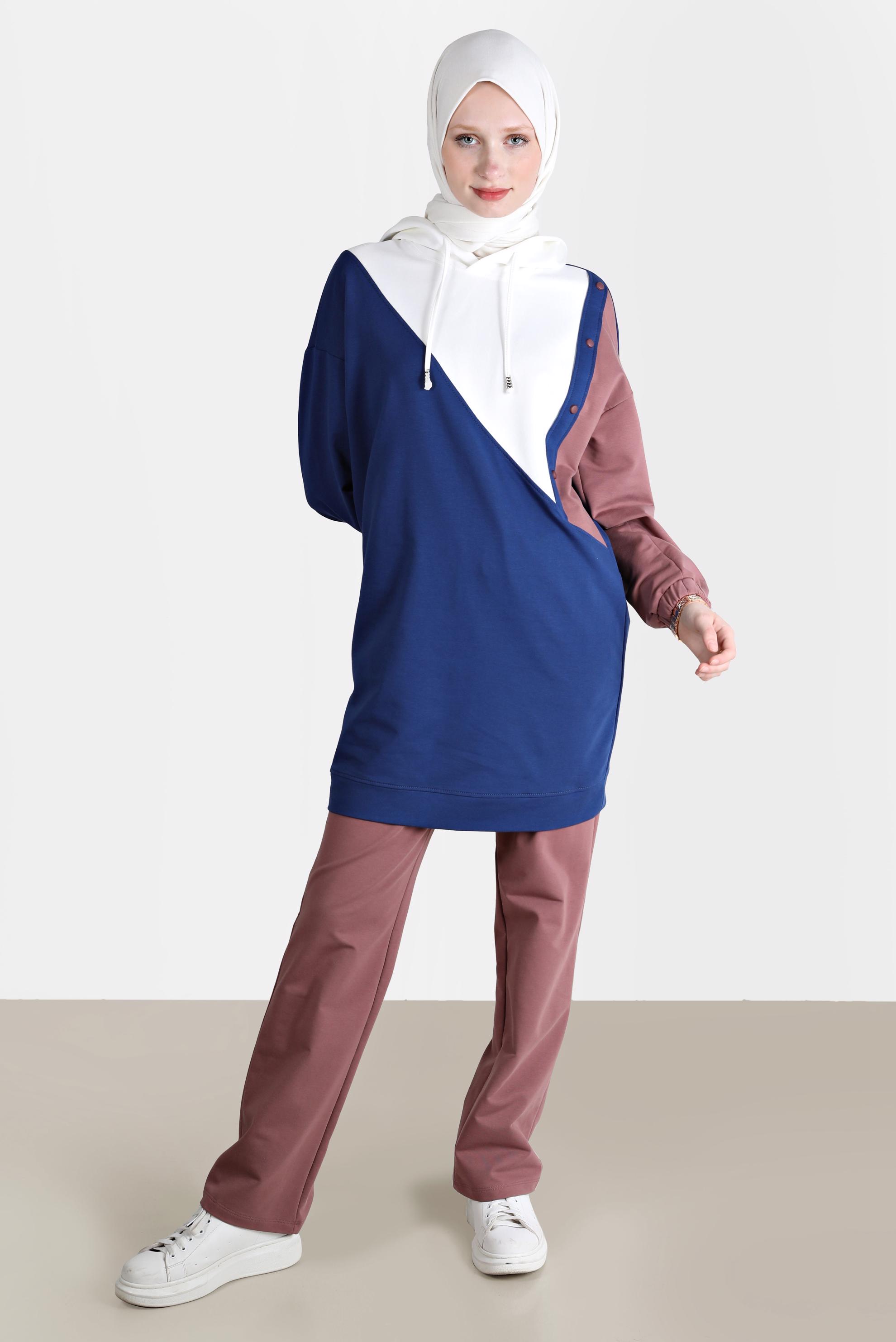 Tesettür giyim PEMBE ÇOK RENKLİ KAPÜŞONLU İKİLİ PANT. EŞOFMAN TAKIMI 42656 