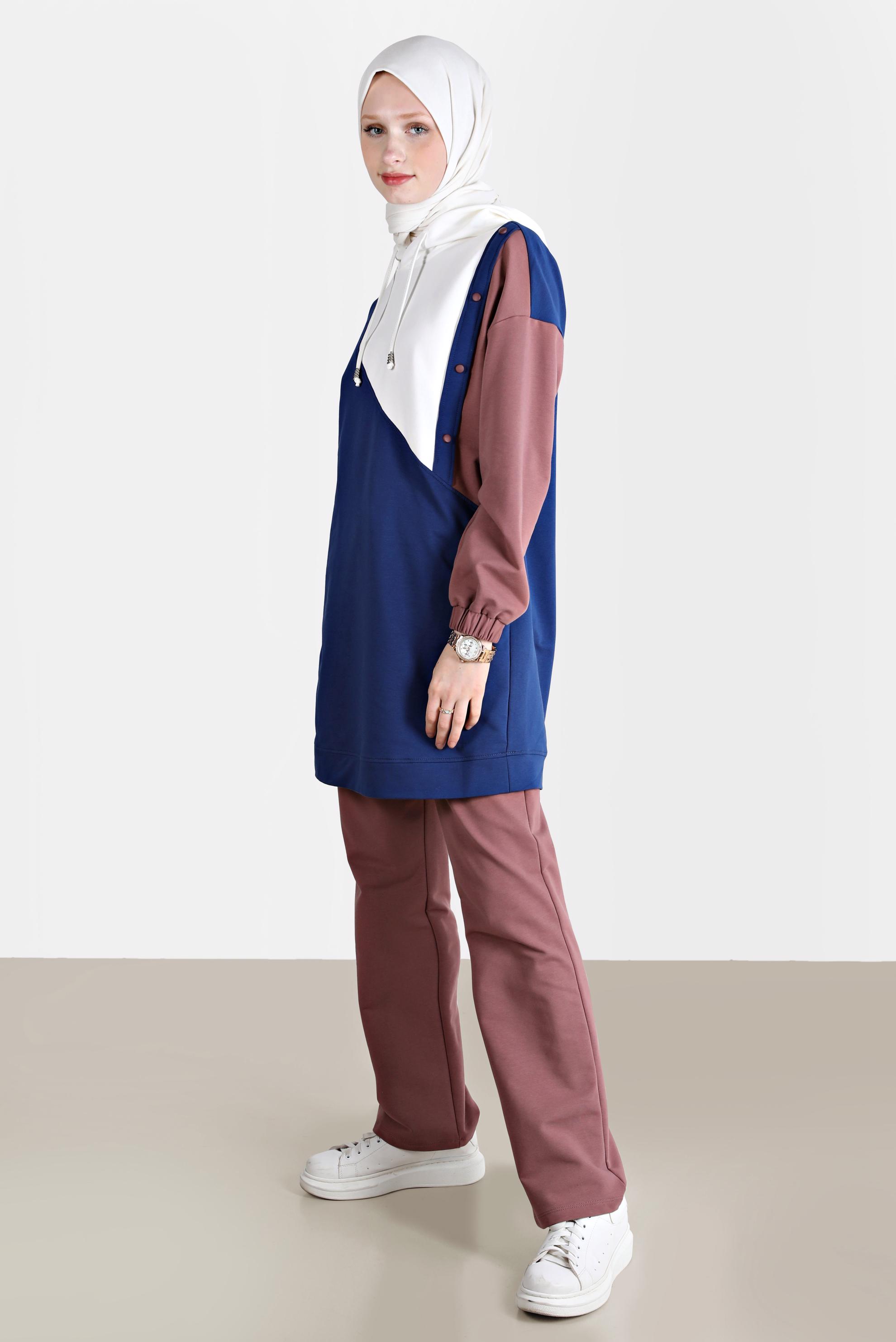 Tesettür giyim PEMBE ÇOK RENKLİ KAPÜŞONLU İKİLİ PANT. EŞOFMAN TAKIMI 42656 