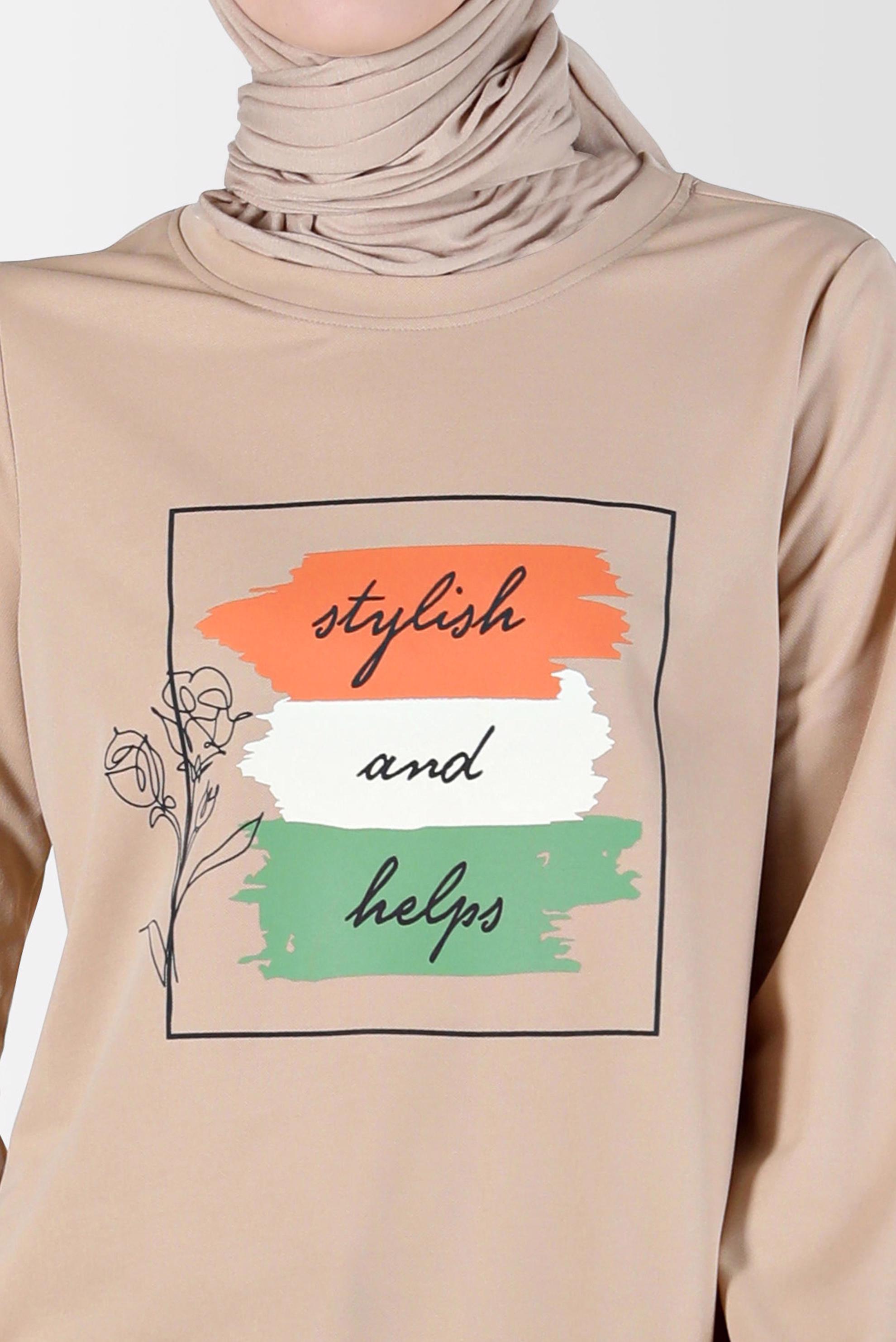 Tesettür giyim BEJ YAZI DETAYLI BASKILI EŞOFMAN TUNİK 42660 