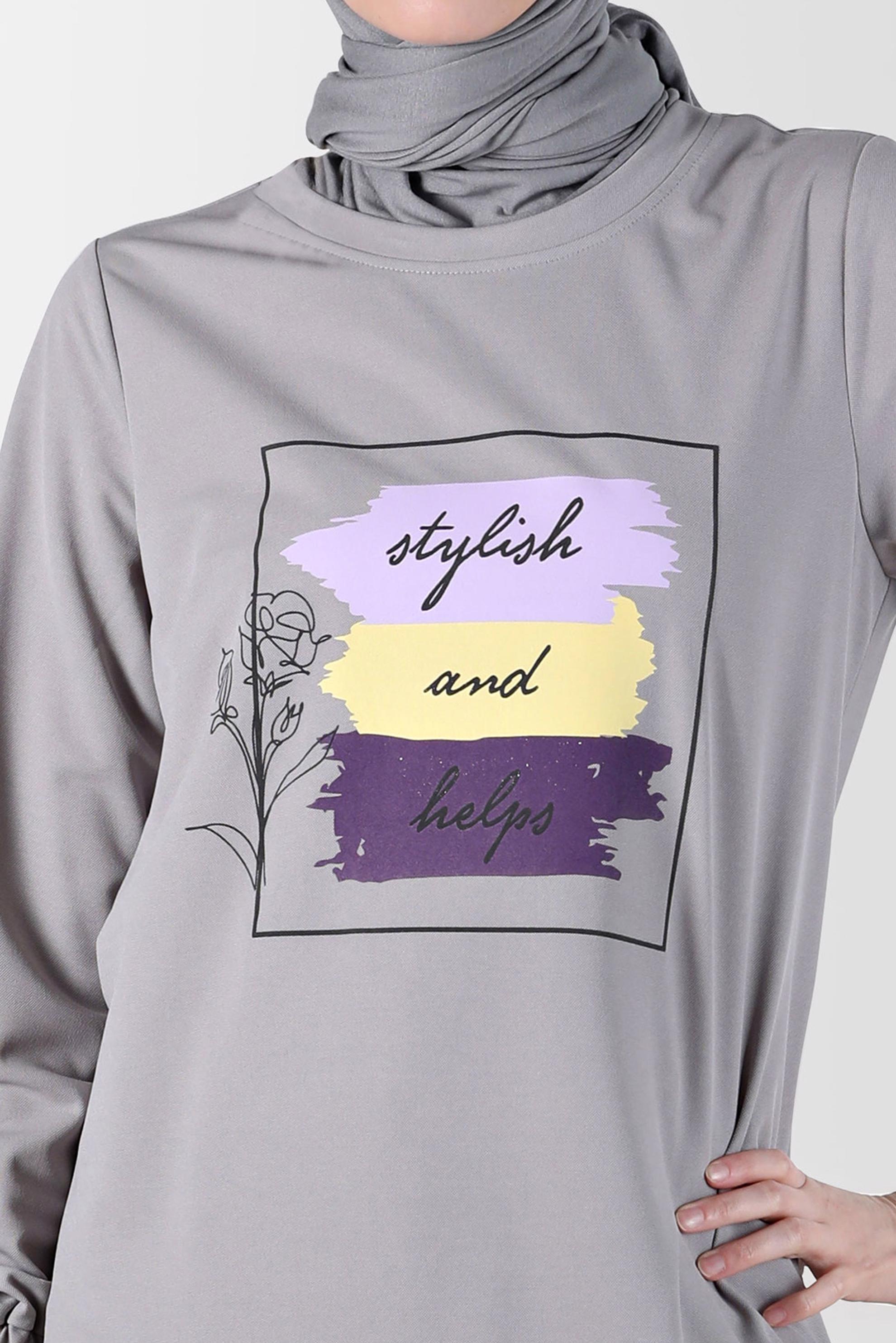 Tesettür giyim GRİ YAZI DETAYLI BASKILI EŞOFMAN TUNİK 42660 