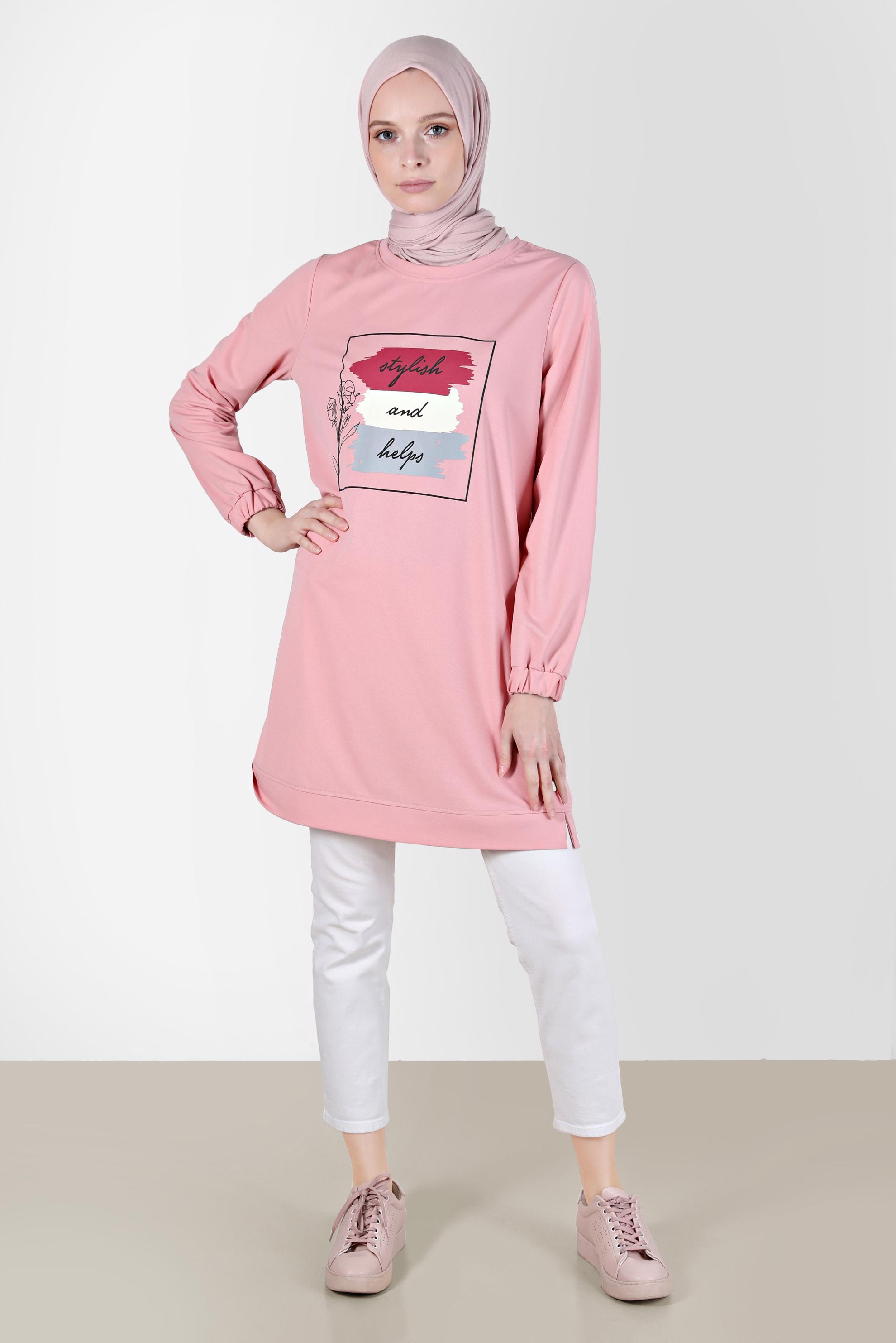 Tesettür giyim PUDRA YAZI DETAYLI BASKILI EŞOFMAN TUNİK 42660 