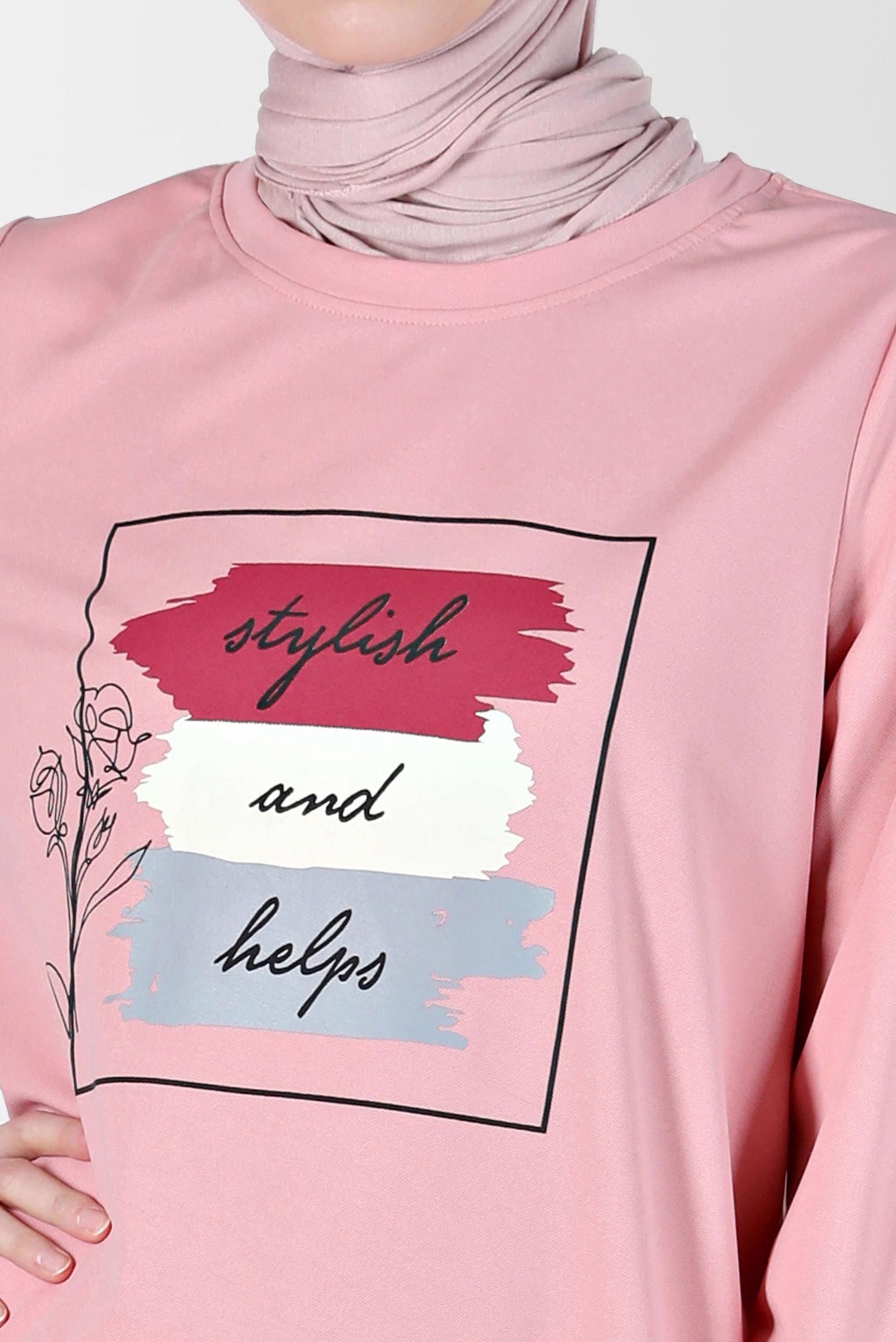 Tesettür giyim PUDRA YAZI DETAYLI BASKILI EŞOFMAN TUNİK 42660 