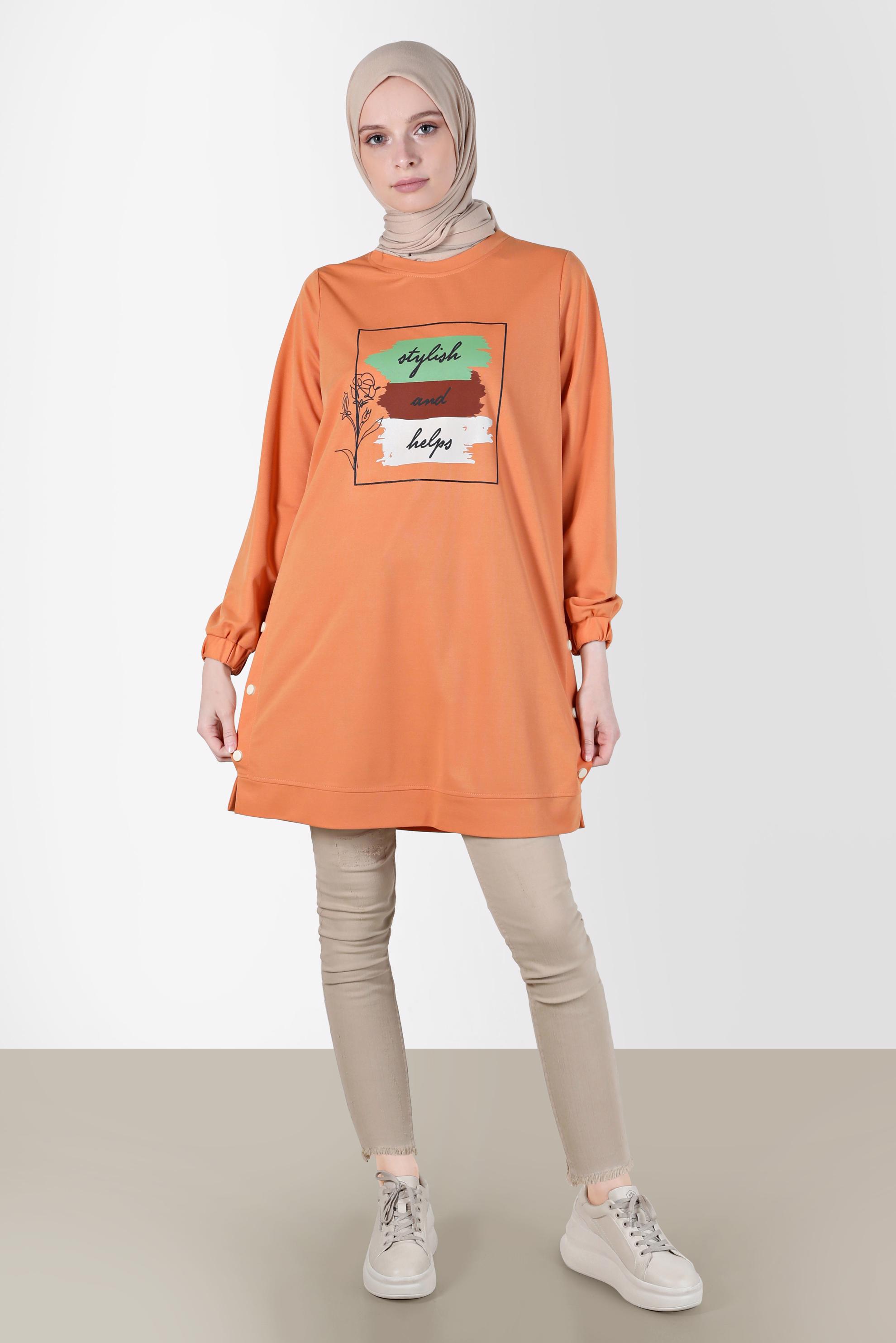 Tesettür giyim TURUNCU YAZI DETAYLI BASKILI EŞOFMAN TUNİK 42660 