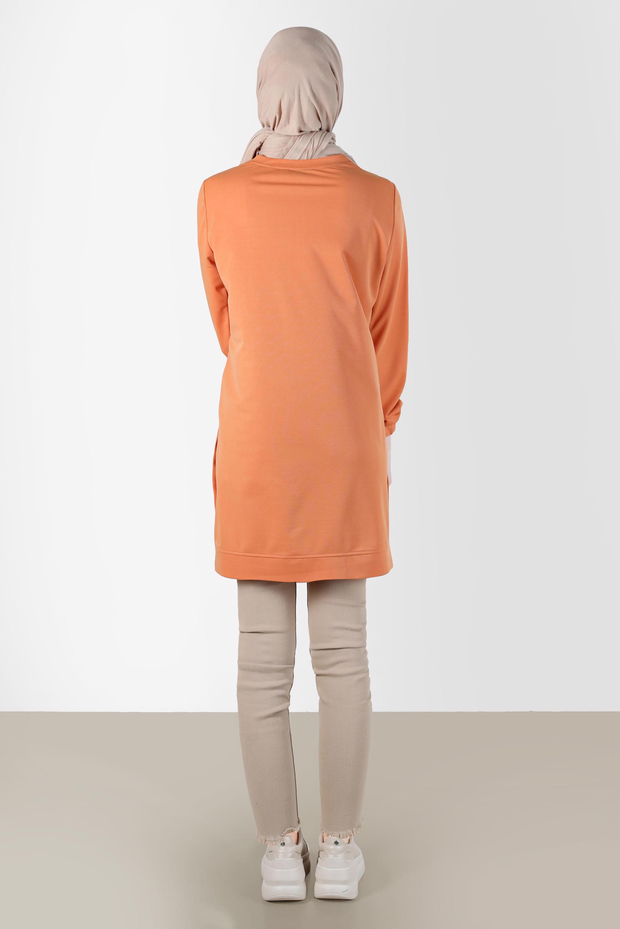 Tesettür giyim TURUNCU YAZI DETAYLI BASKILI EŞOFMAN TUNİK 42660 